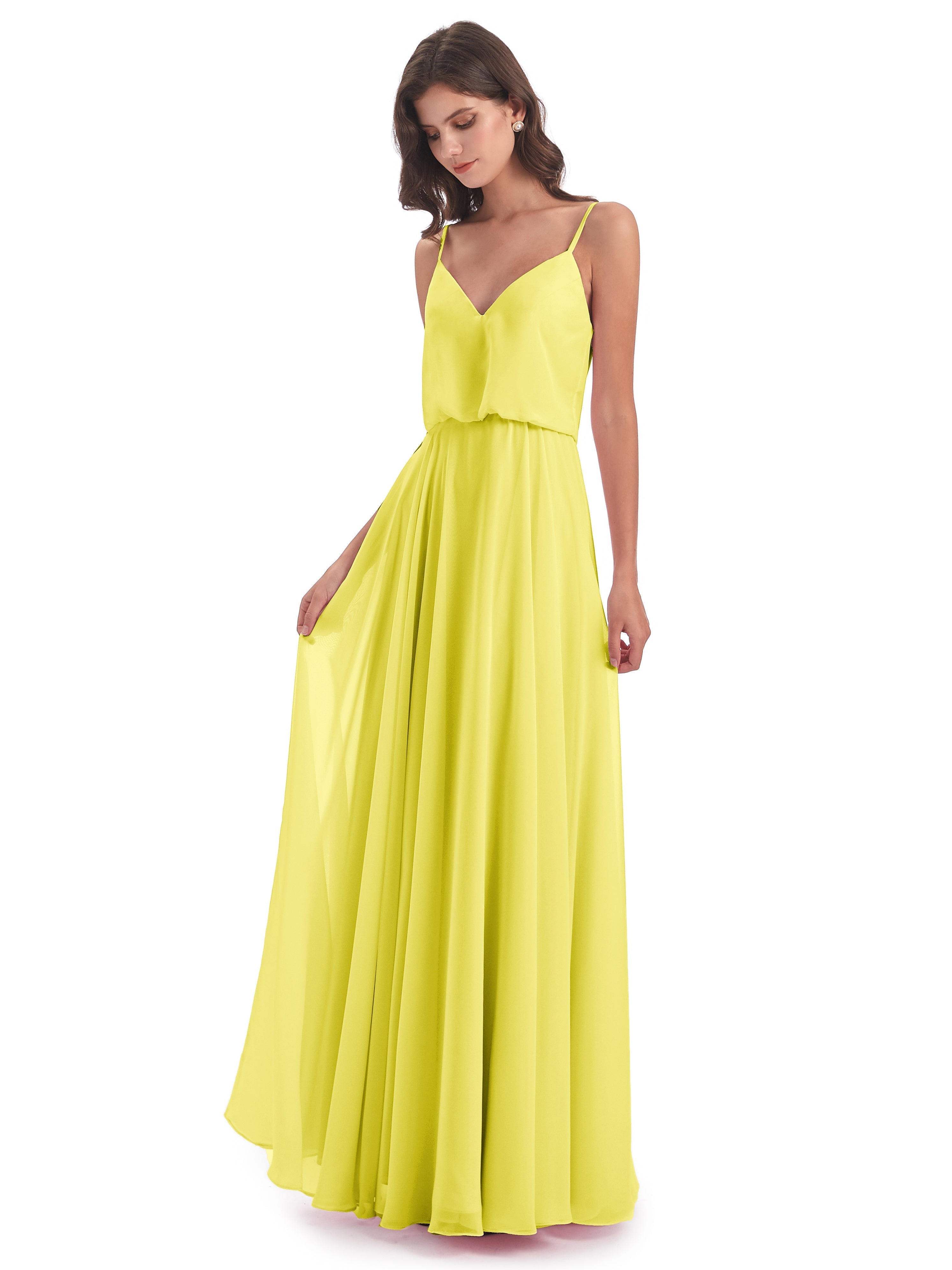 Robes De Demoiselle D'Honneur Citron Bretelles Spaghetti Mousseline Longue Robes Demoiselle D'Honneur