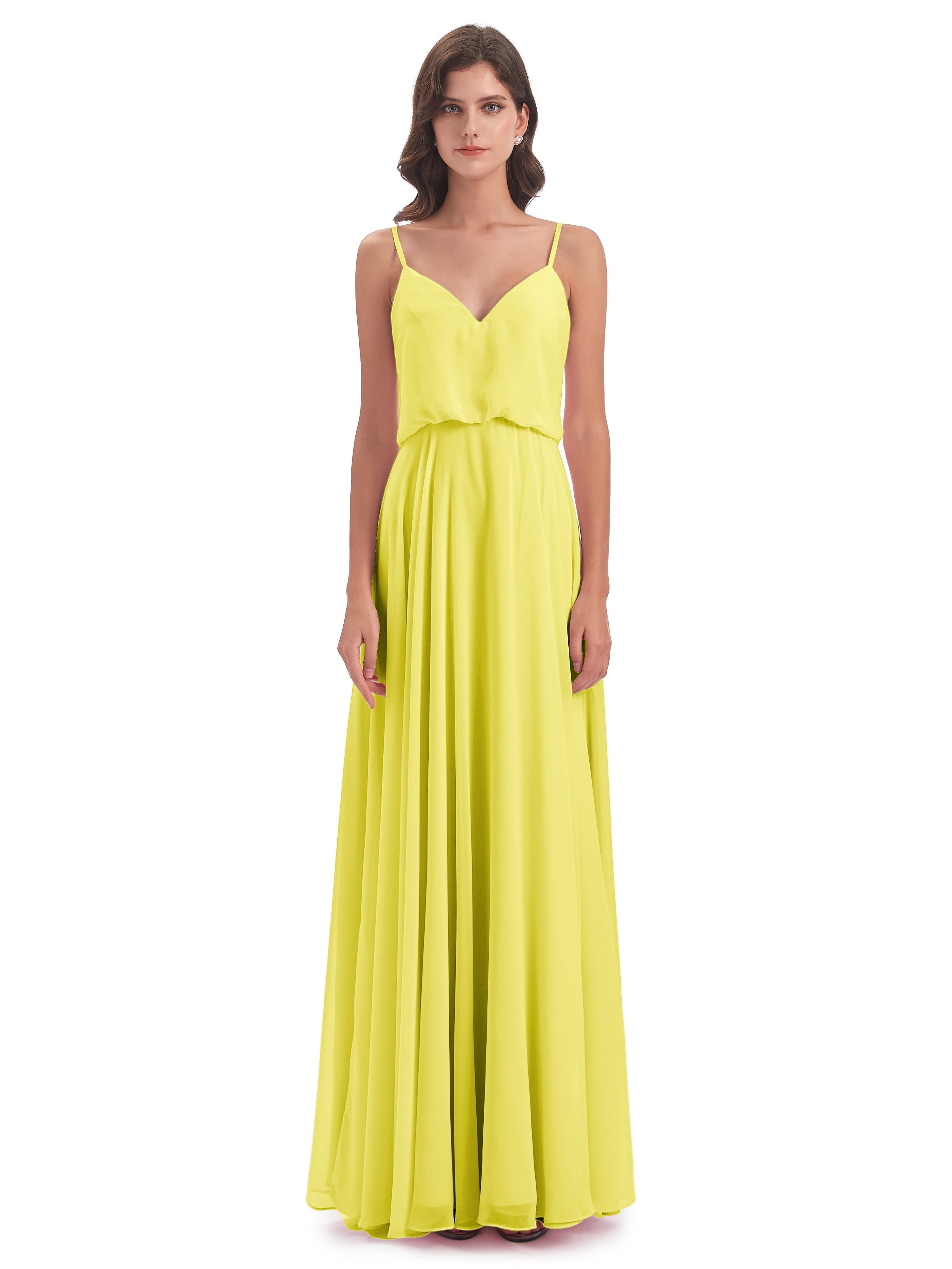 Robes De Demoiselle D'Honneur Citron Bretelles Spaghetti Mousseline Longue Robes Demoiselle D'Honneur