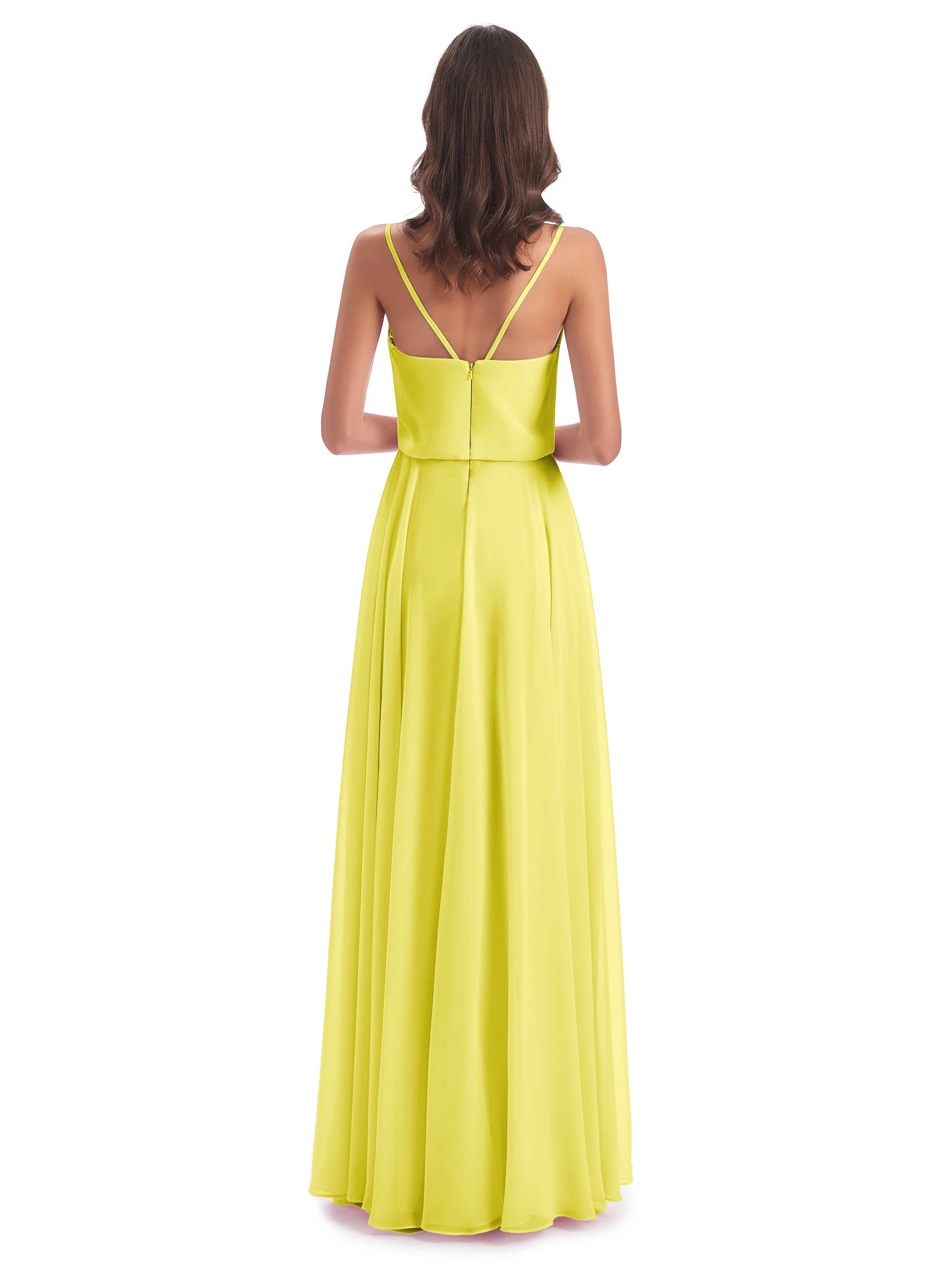 Robes De Demoiselle D'Honneur Citron Bretelles Spaghetti Mousseline Longue Robes Demoiselle D'Honneur