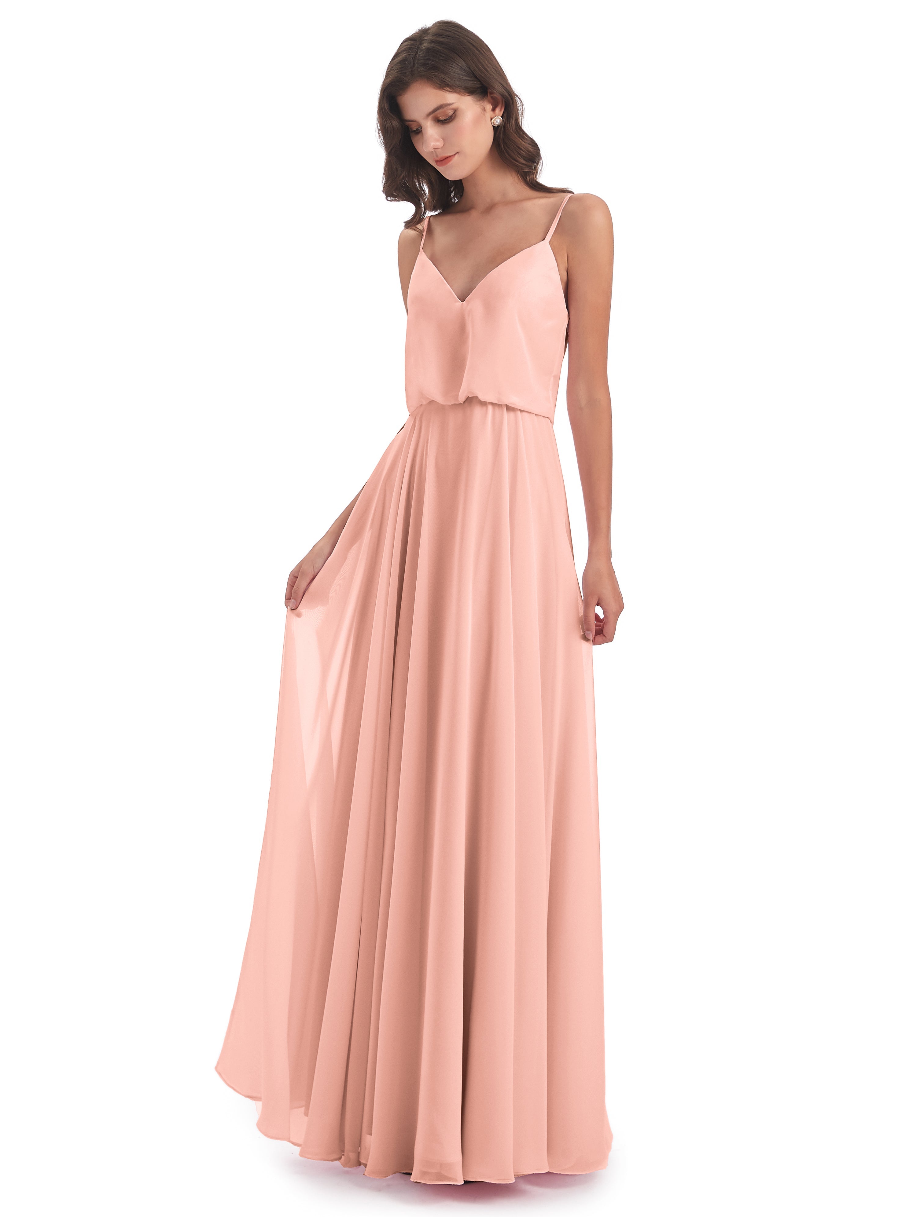 Robe Corail Demoiselle D Honneur Bretelles Spaghetti Mousseline Longue Robes Demoiselle D'Honneur