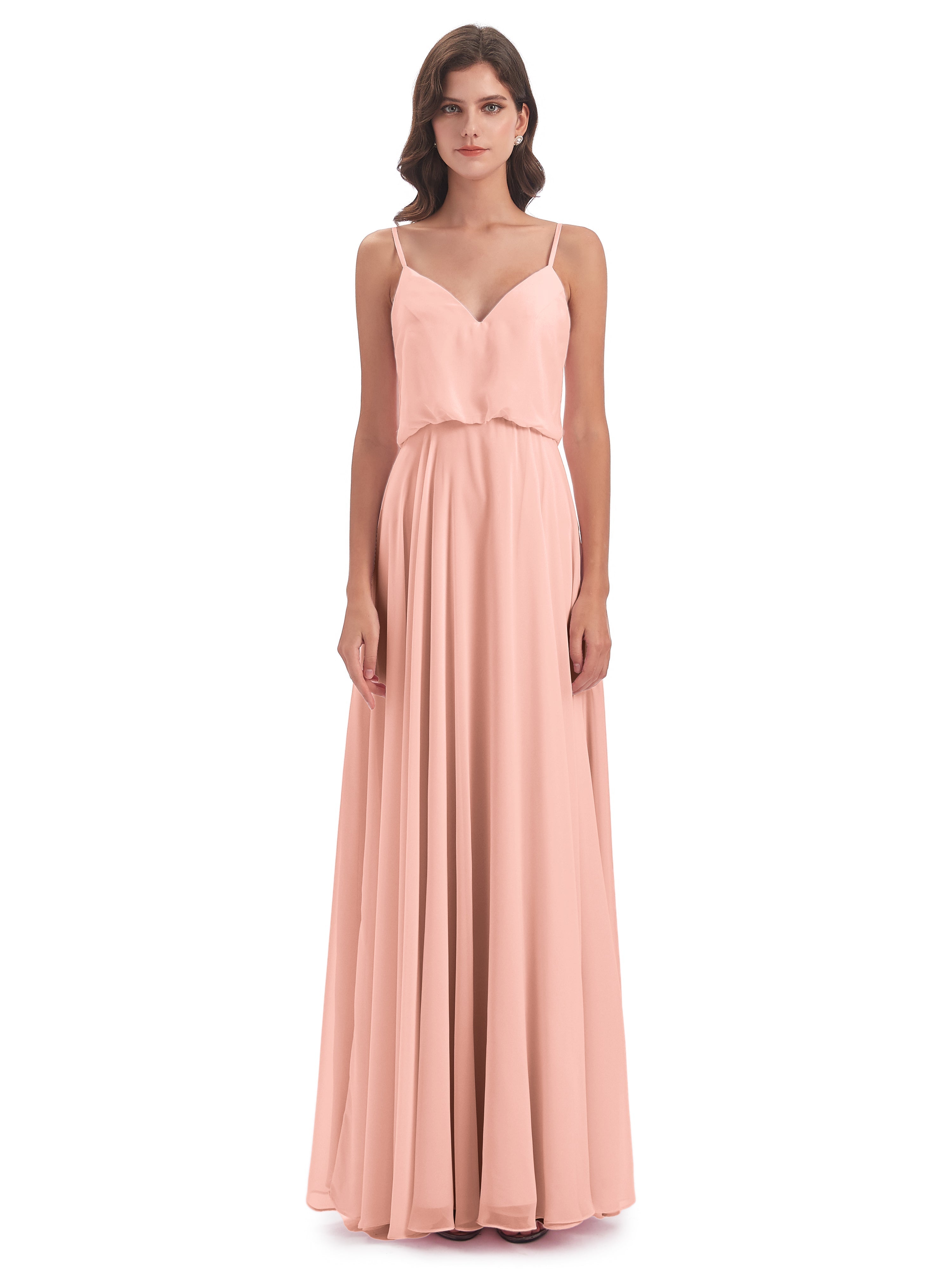 Robe Corail Demoiselle D Honneur Bretelles Spaghetti Mousseline Longue Robes Demoiselle D'Honneur