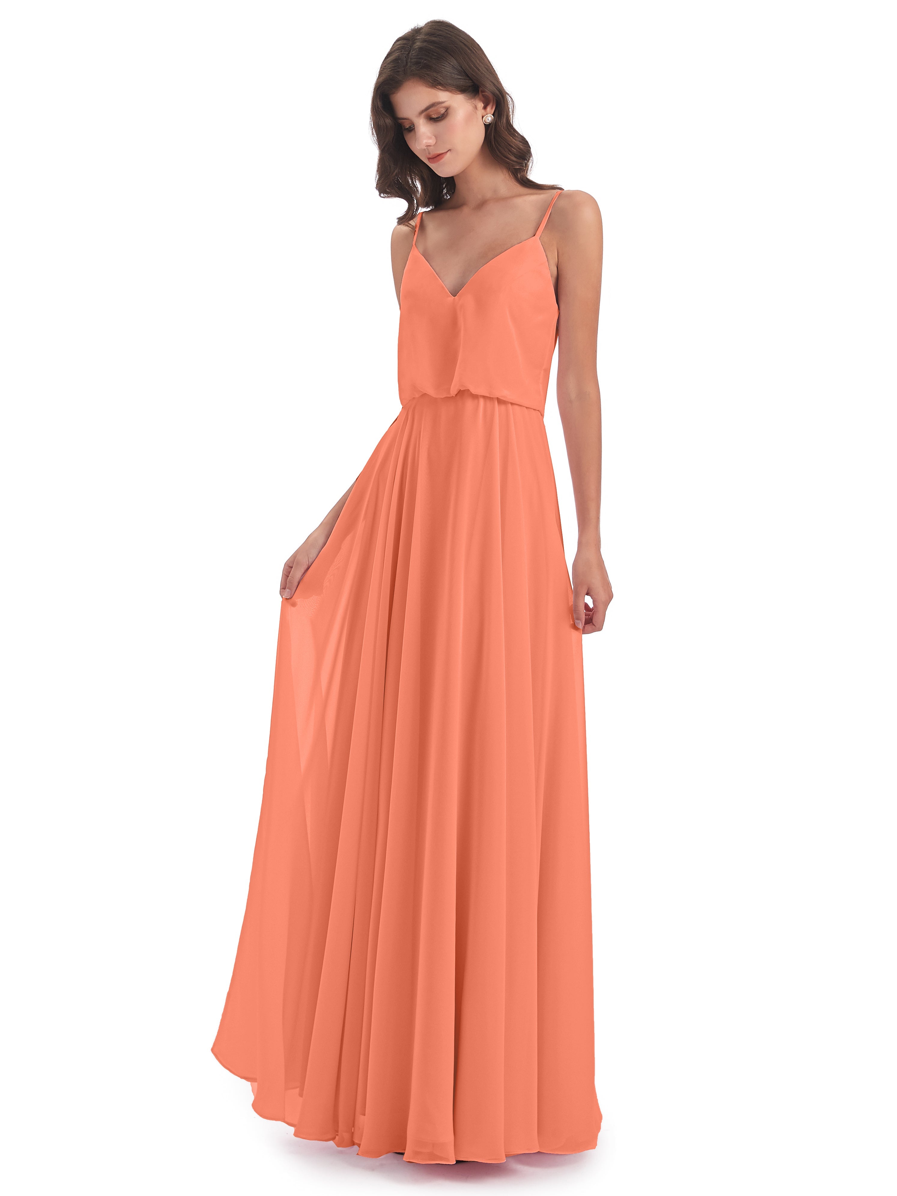 Robes De Demoiselle D'Honneur Coucher De Soleil Bretelles Spaghetti Mousseline Longue Robes Demoiselle D'Honneur