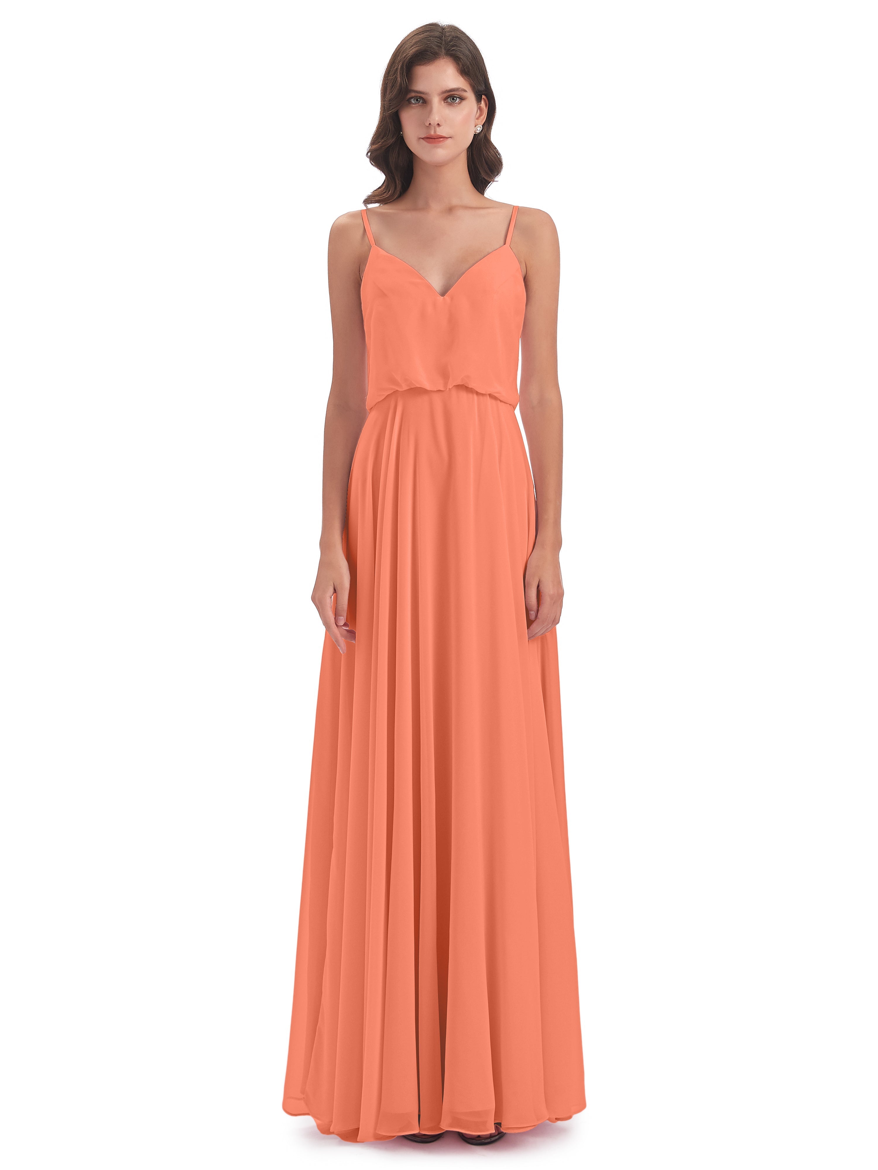 Robes De Demoiselle D'Honneur Coucher De Soleil Bretelles Spaghetti Mousseline Longue Robes Demoiselle D'Honneur