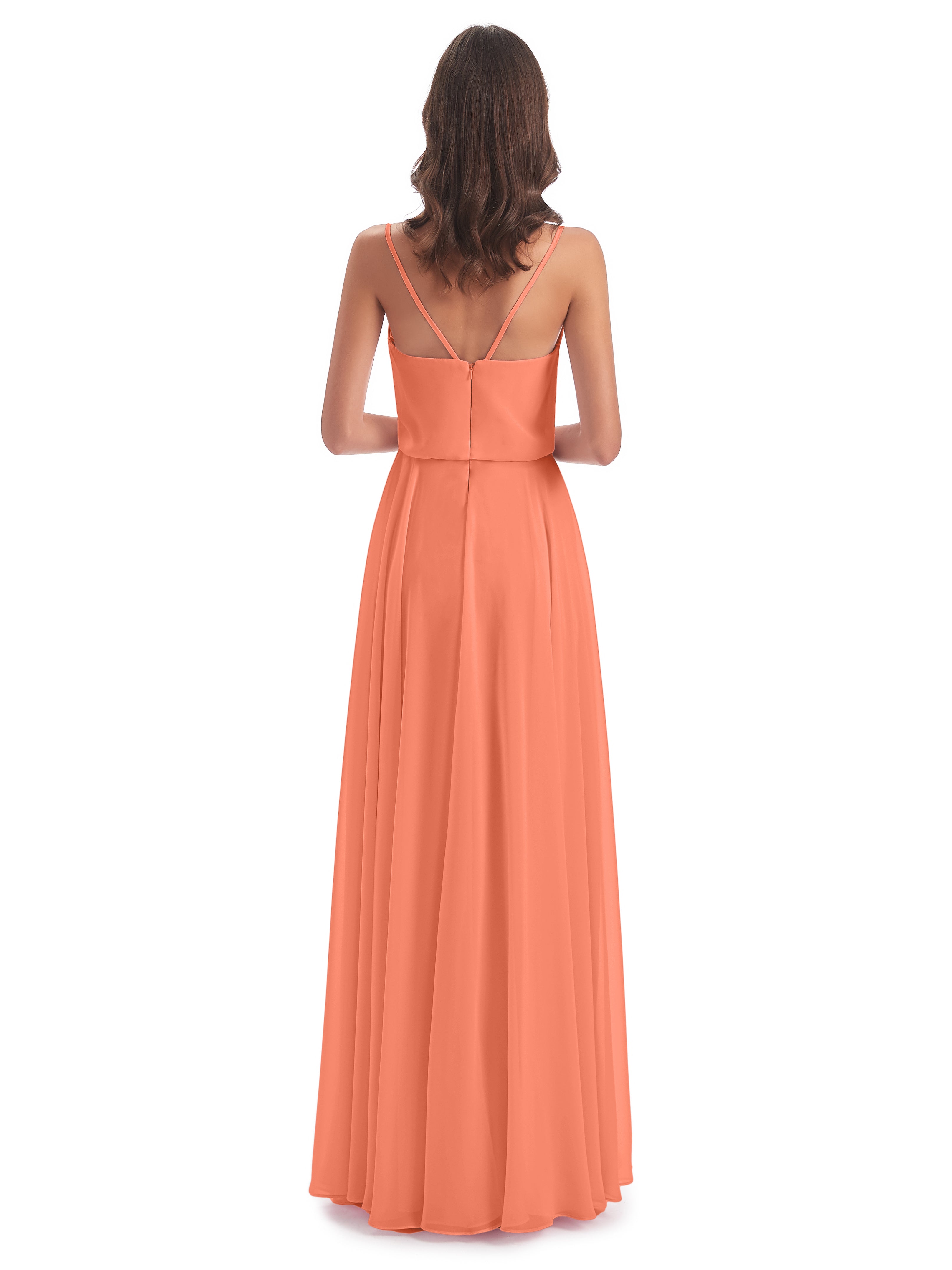 Robes De Demoiselle D'Honneur Coucher De Soleil Bretelles Spaghetti Mousseline Longue Robes Demoiselle D'Honneur