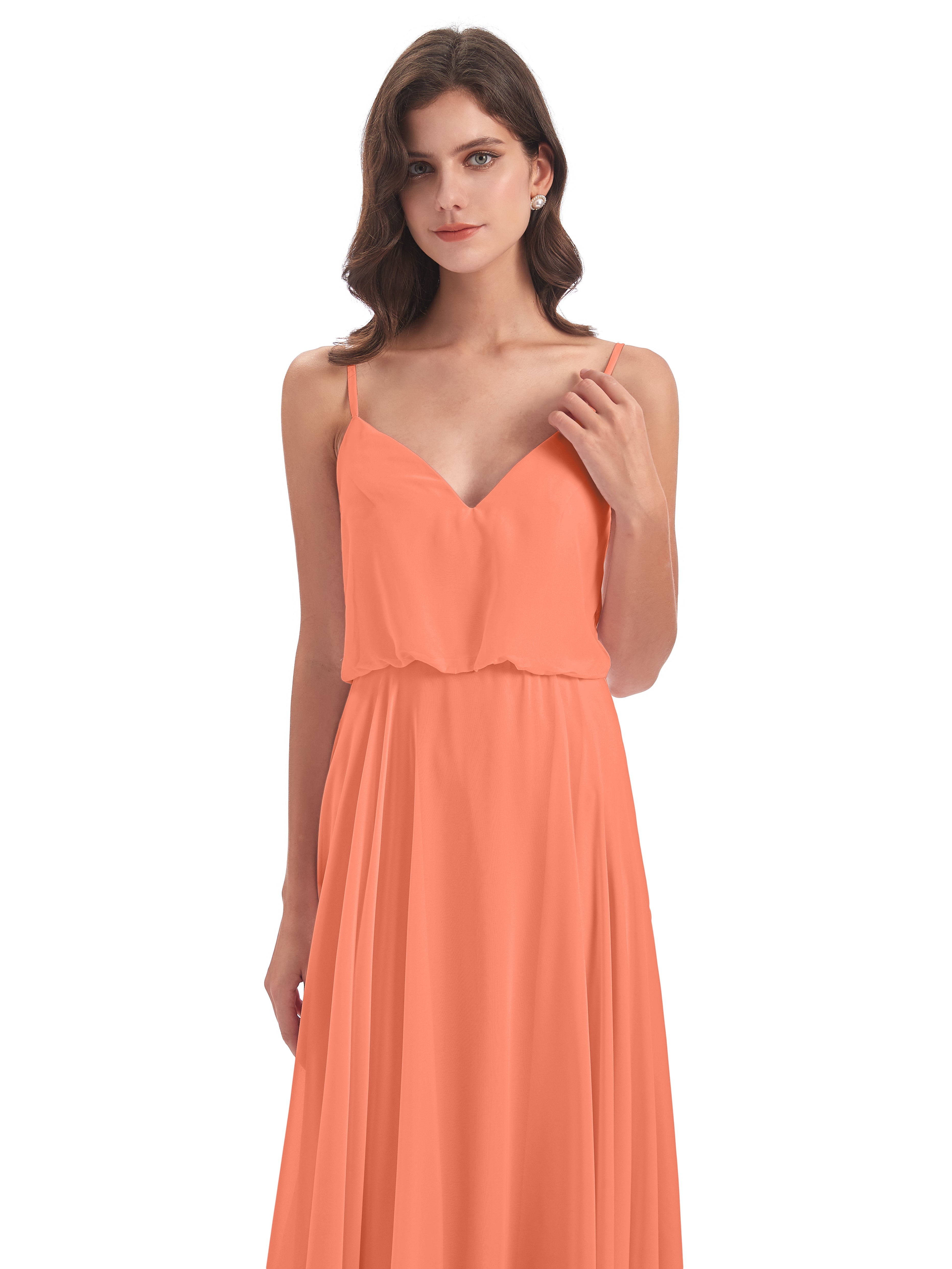 Robes De Demoiselle D'Honneur Coucher De Soleil Bretelles Spaghetti Mousseline Longue Robes Demoiselle D'Honneur