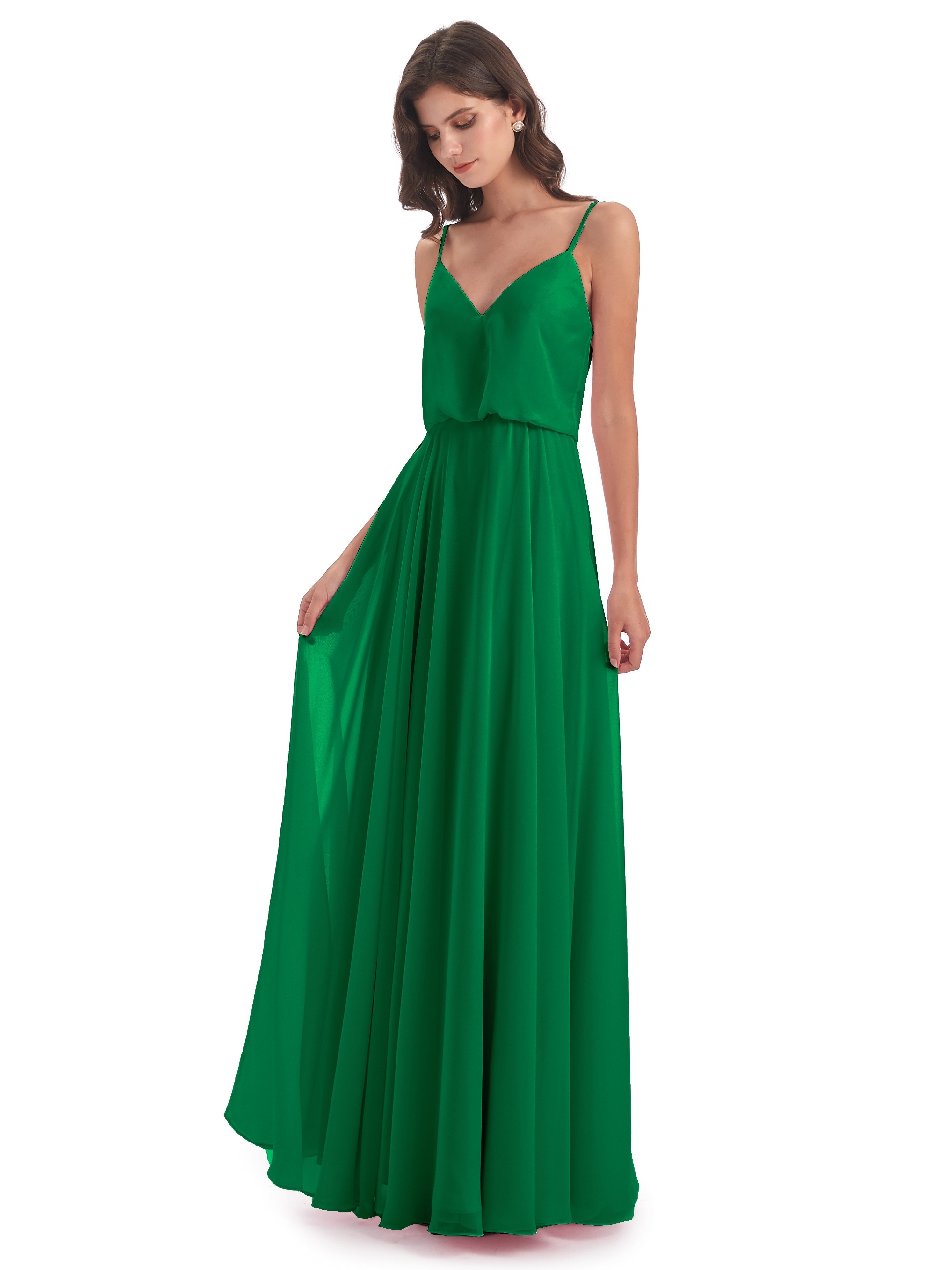 Demoiselle D'Honneur Vert Émeraude Bretelles Spaghetti Mousseline Longue Robes Demoiselle D'Honneur