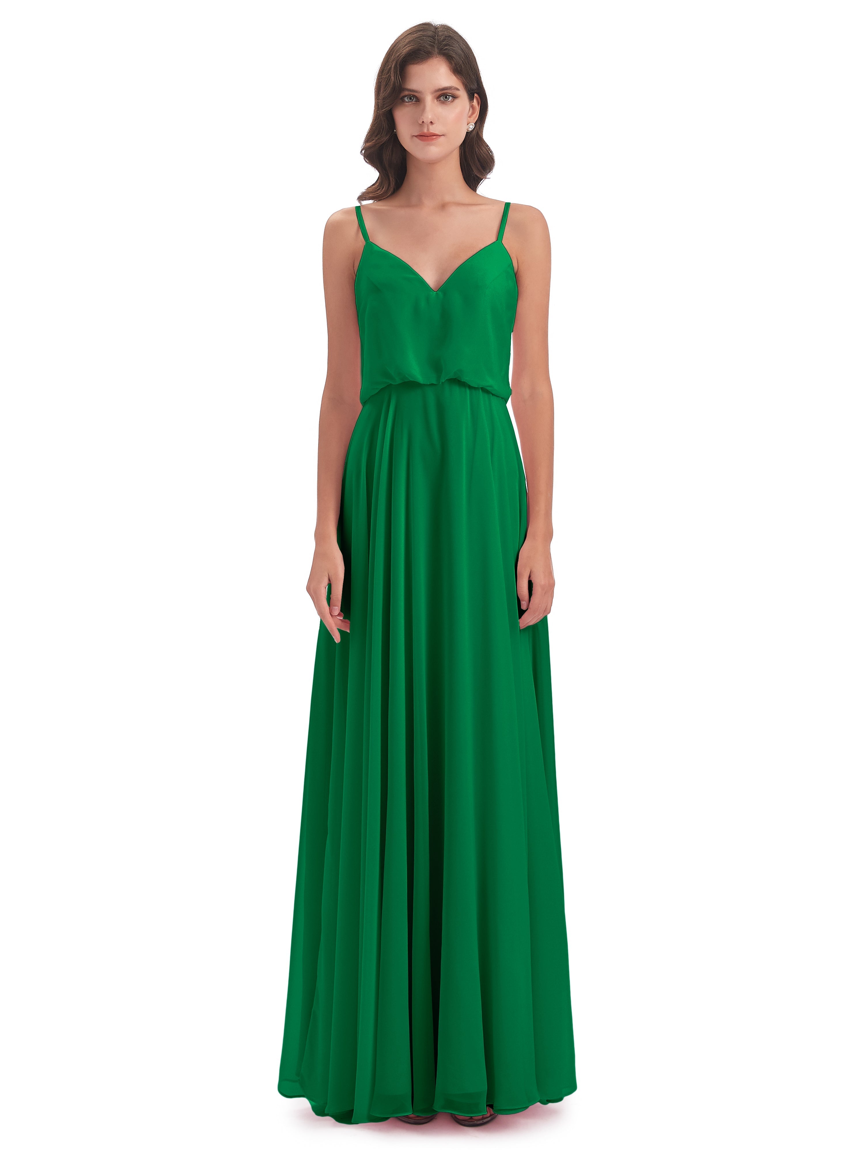 Demoiselle D'Honneur Vert Émeraude Bretelles Spaghetti Mousseline Longue Robes Demoiselle D'Honneur