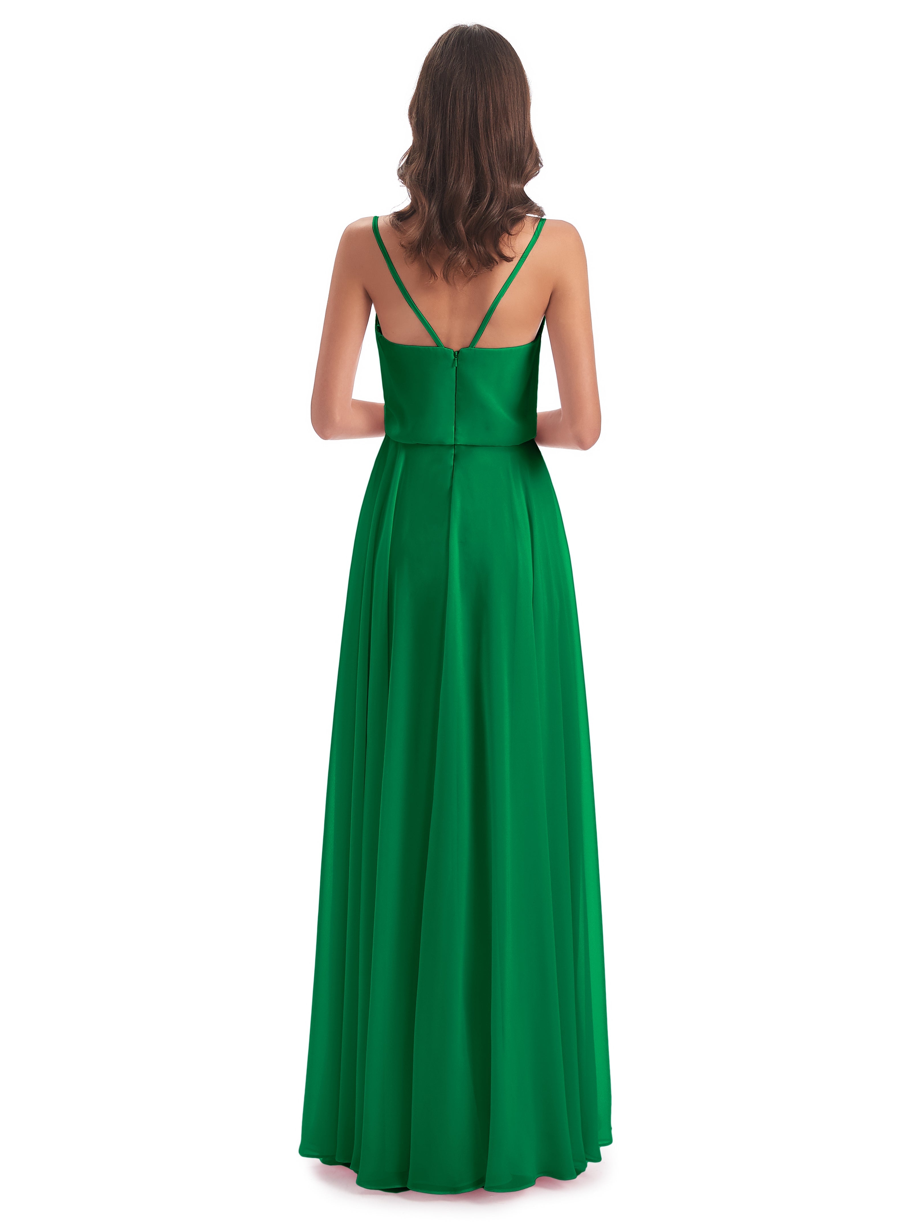 Demoiselle D'Honneur Vert Émeraude Bretelles Spaghetti Mousseline Longue Robes Demoiselle D'Honneur