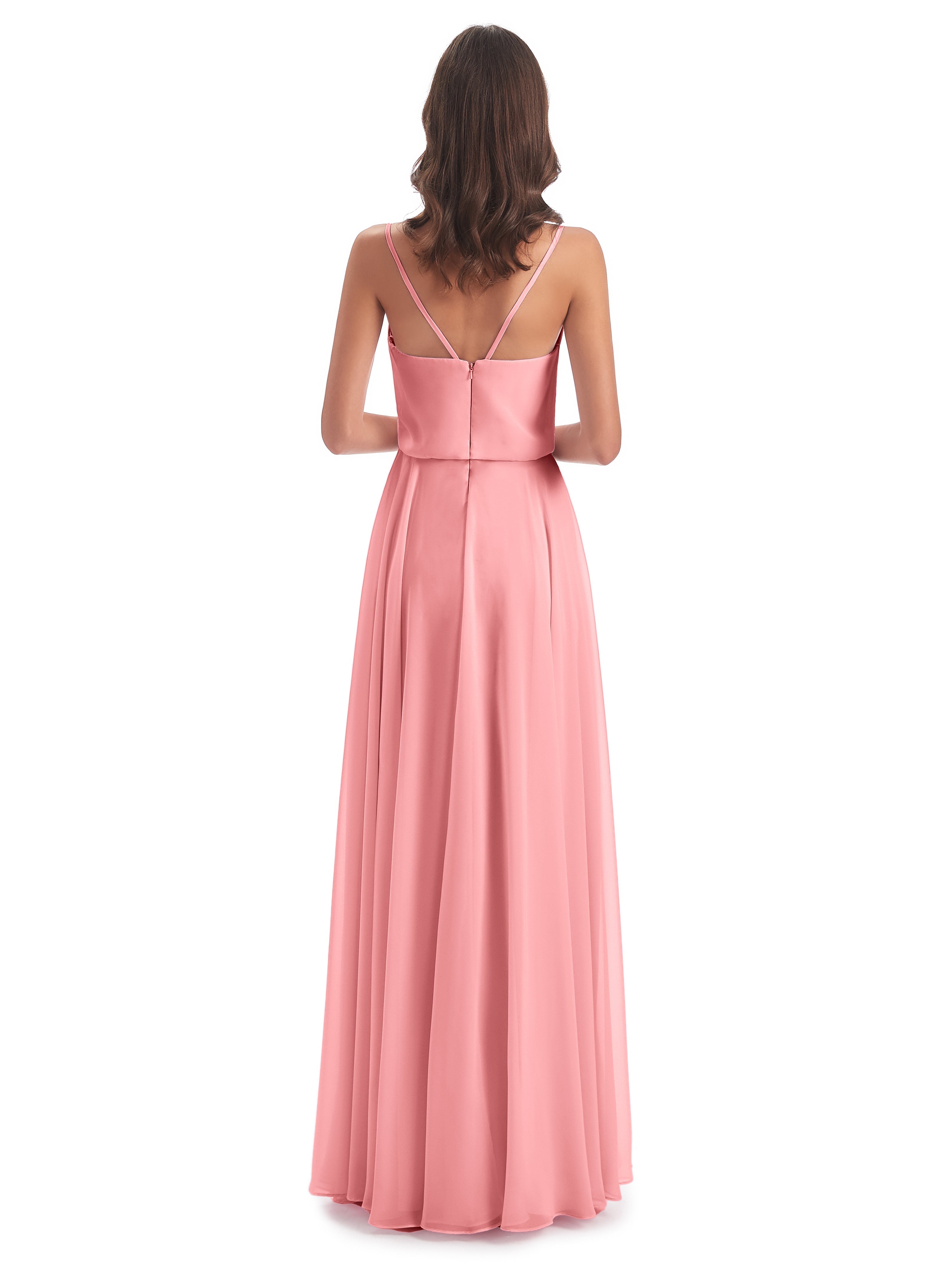 Robes De Demoiselle D'Honneur En Flamant Bretelles Spaghetti Mousseline Longue Robes Demoiselle D'Honneur