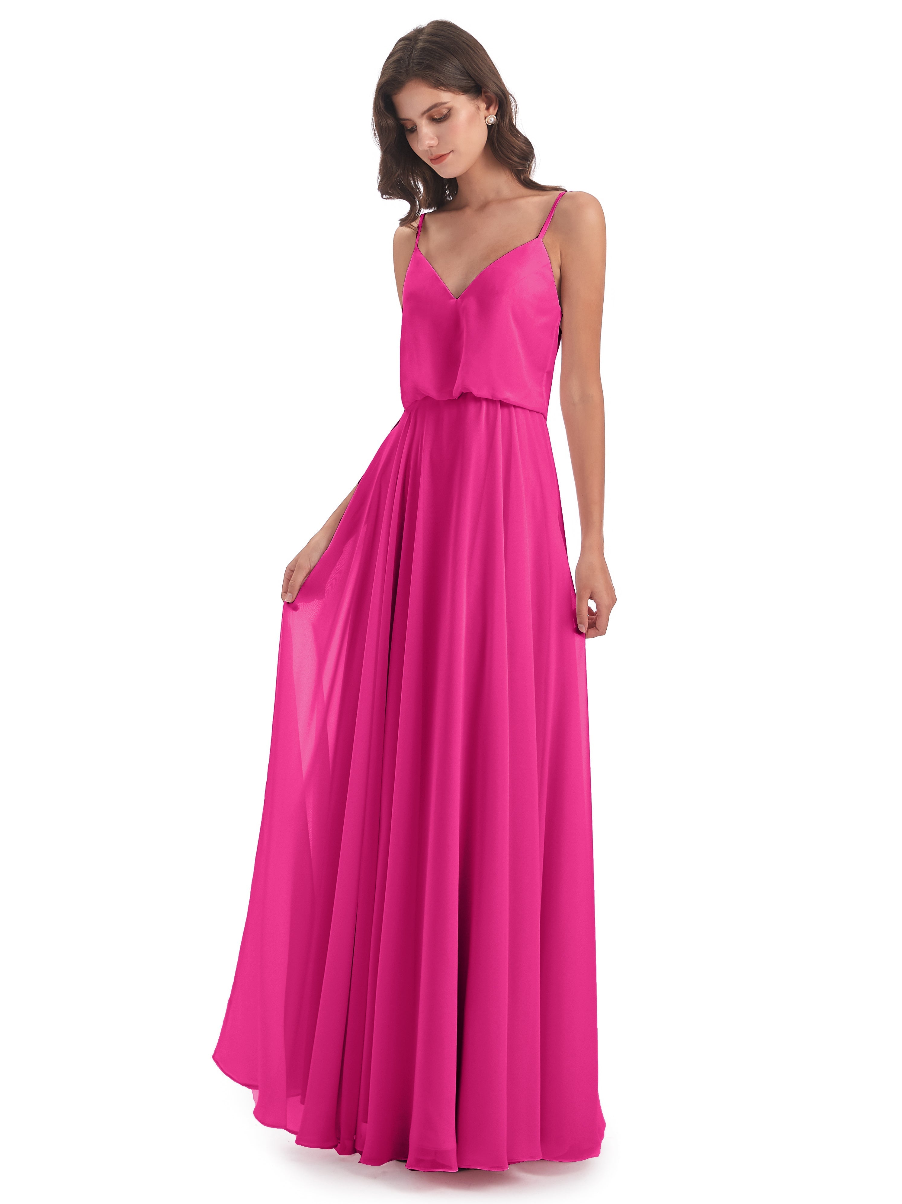 Robe Demoiselle D Honneur Fuchsia Bretelles Spaghetti Mousseline Longue Robes Demoiselle D'Honneur
