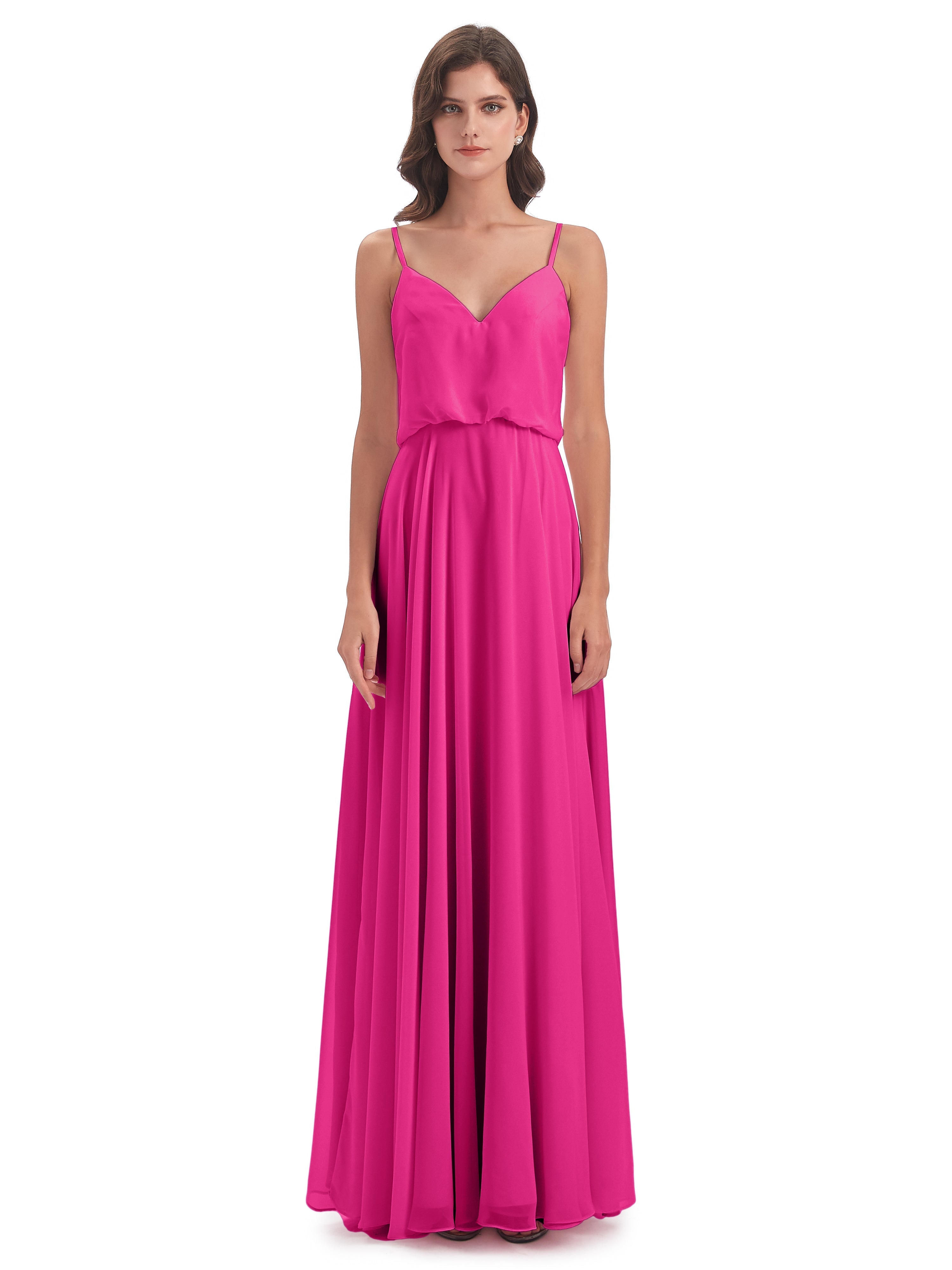 Robe Demoiselle D Honneur Fuchsia Bretelles Spaghetti Mousseline Longue Robes Demoiselle D'Honneur