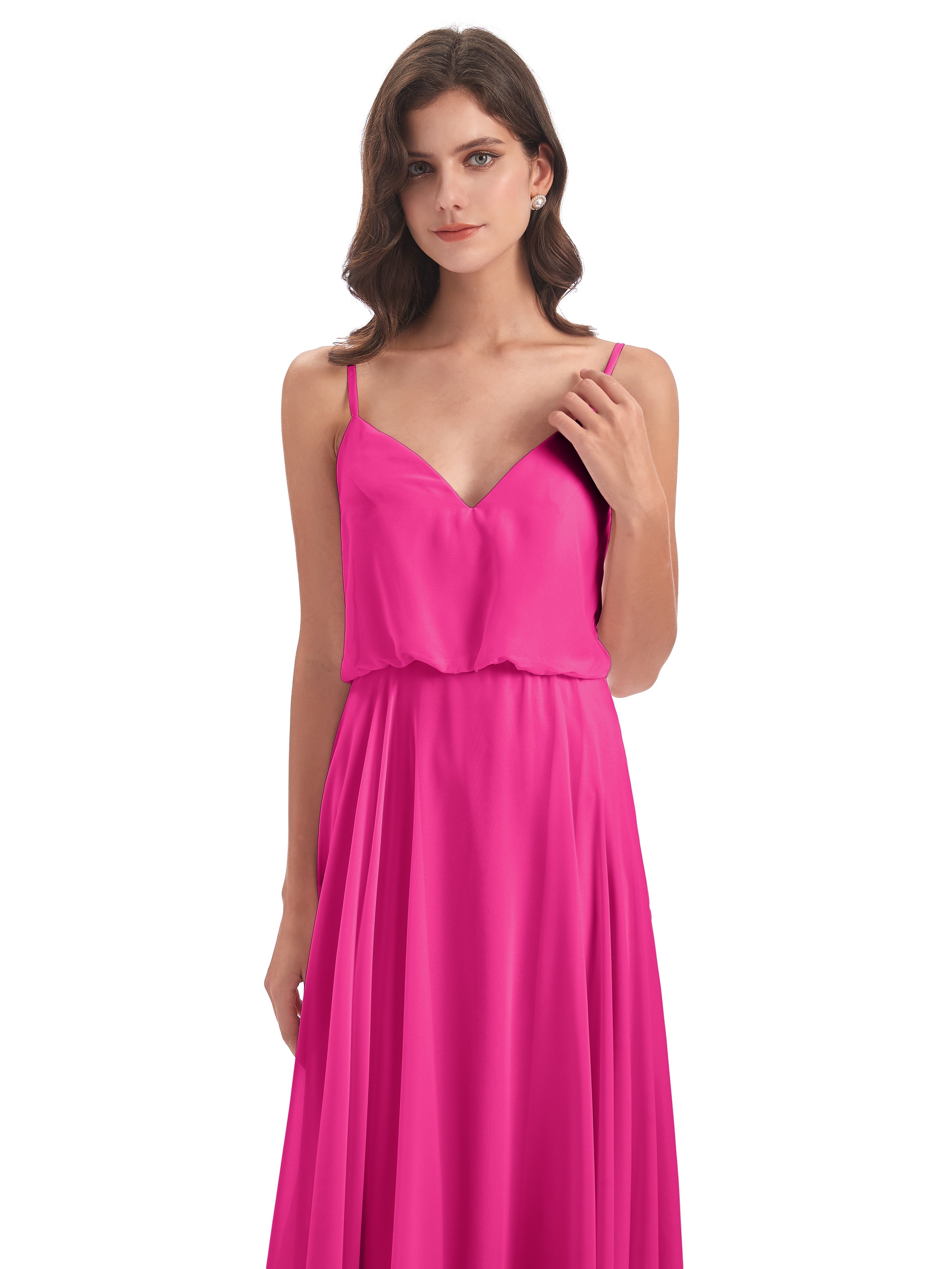 Robe Demoiselle D Honneur Fuchsia Bretelles Spaghetti Mousseline Longue Robes Demoiselle D'Honneur