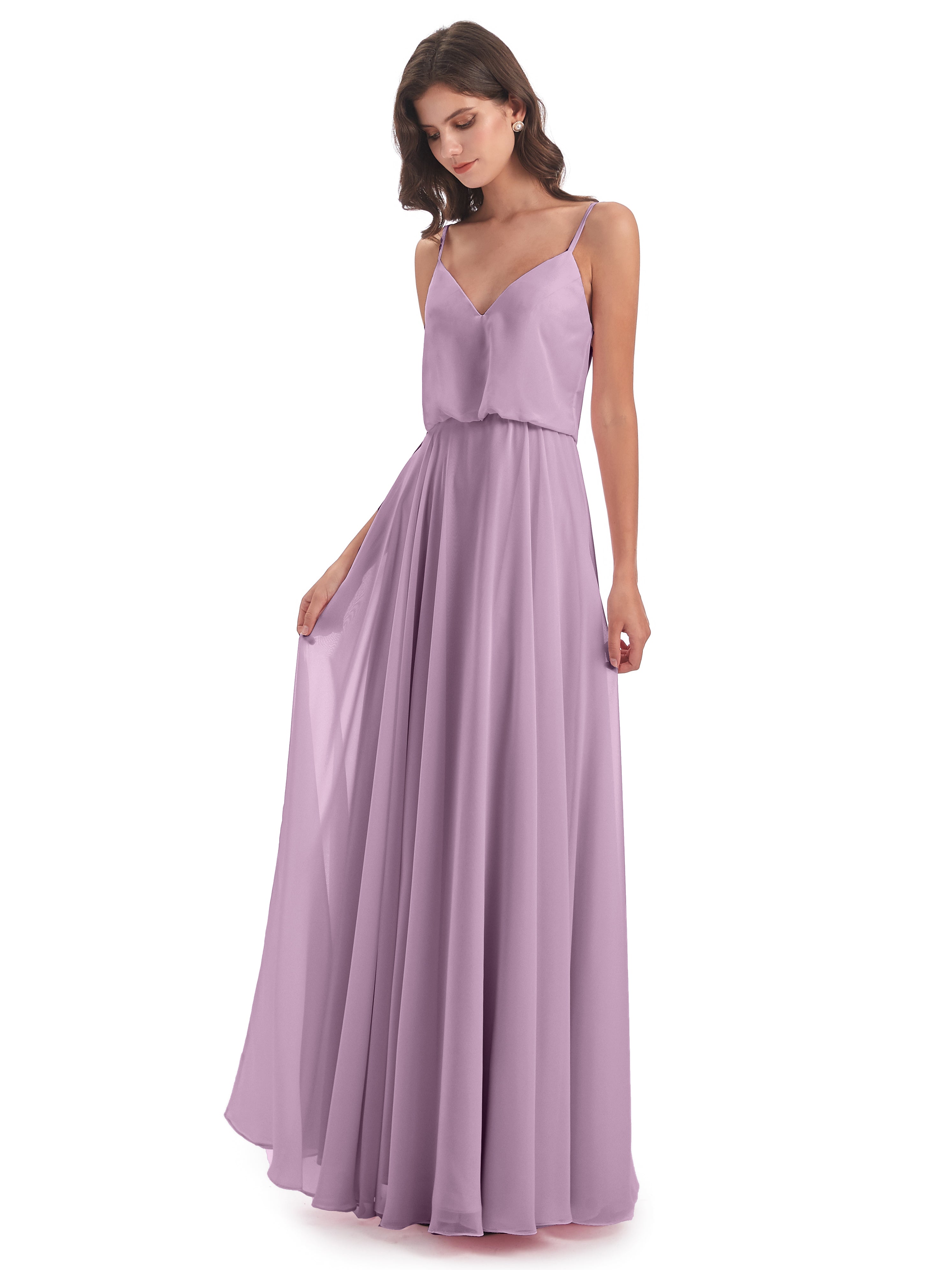 Robes De Demoiselle D'Honneur Glycine Bretelles Spaghetti Mousseline Longue Robes Demoiselle D'Honneur