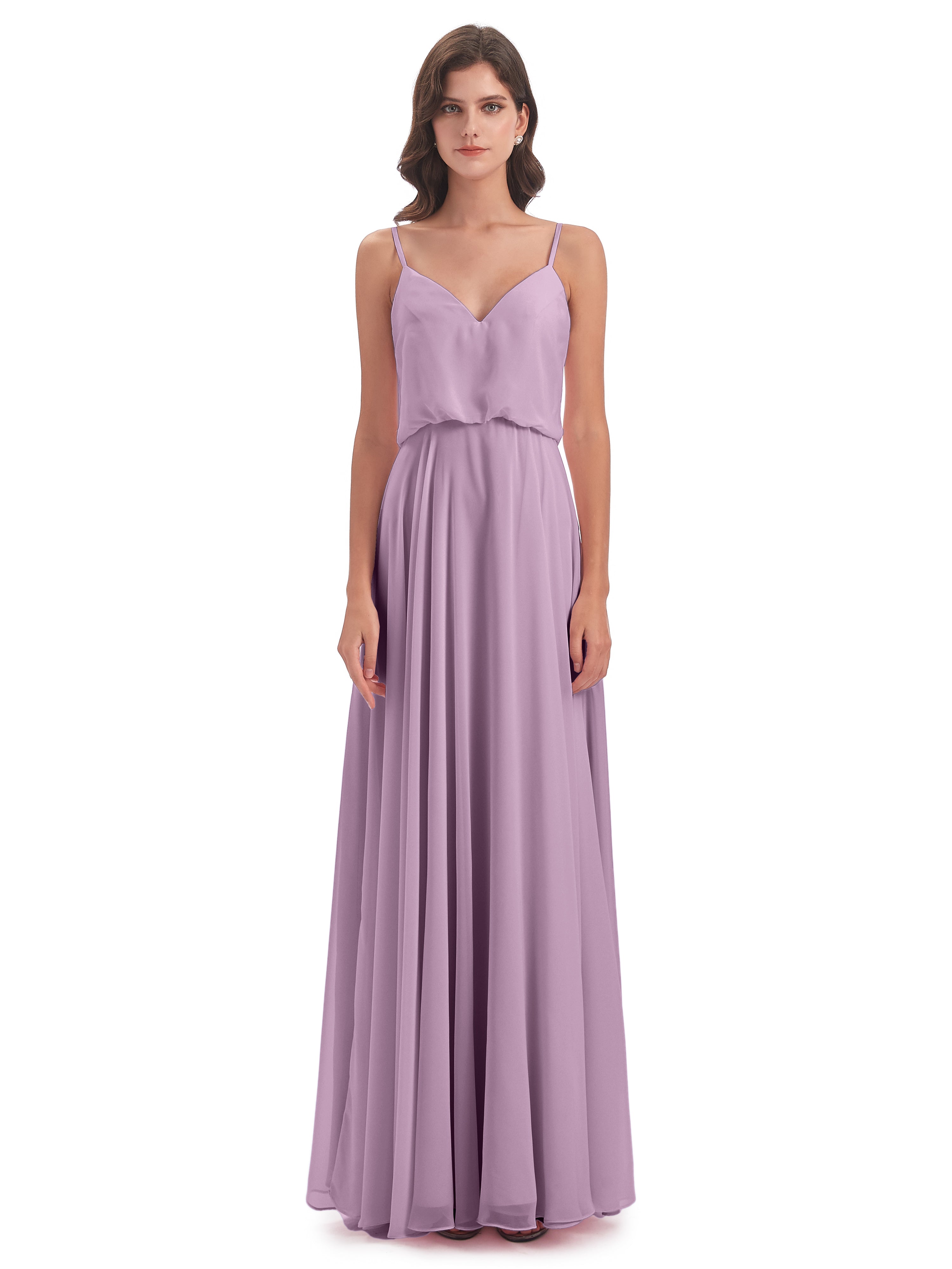 Robes De Demoiselle D'Honneur Glycine Bretelles Spaghetti Mousseline Longue Robes Demoiselle D'Honneur