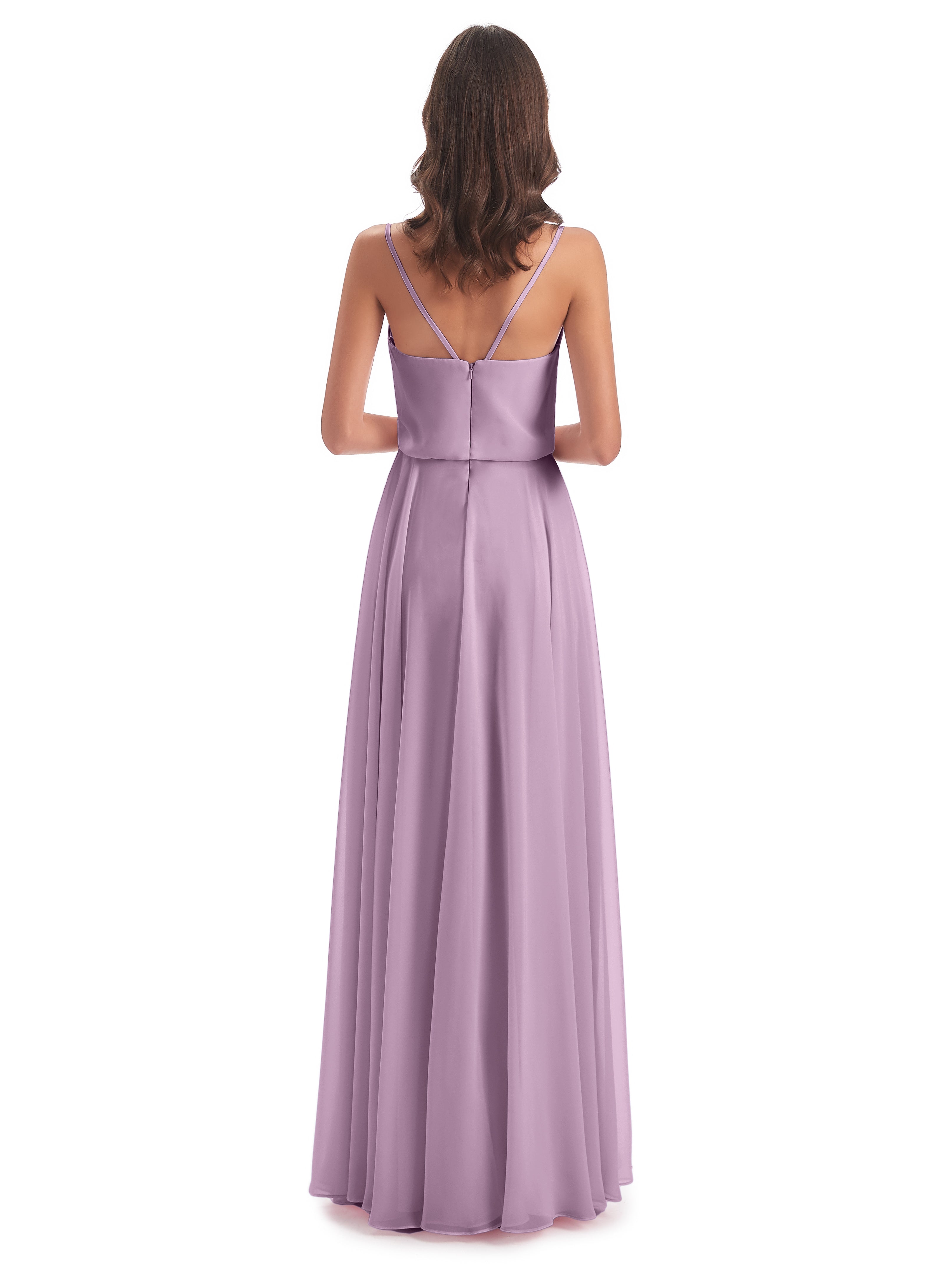Robes De Demoiselle D'Honneur Glycine Bretelles Spaghetti Mousseline Longue Robes Demoiselle D'Honneur