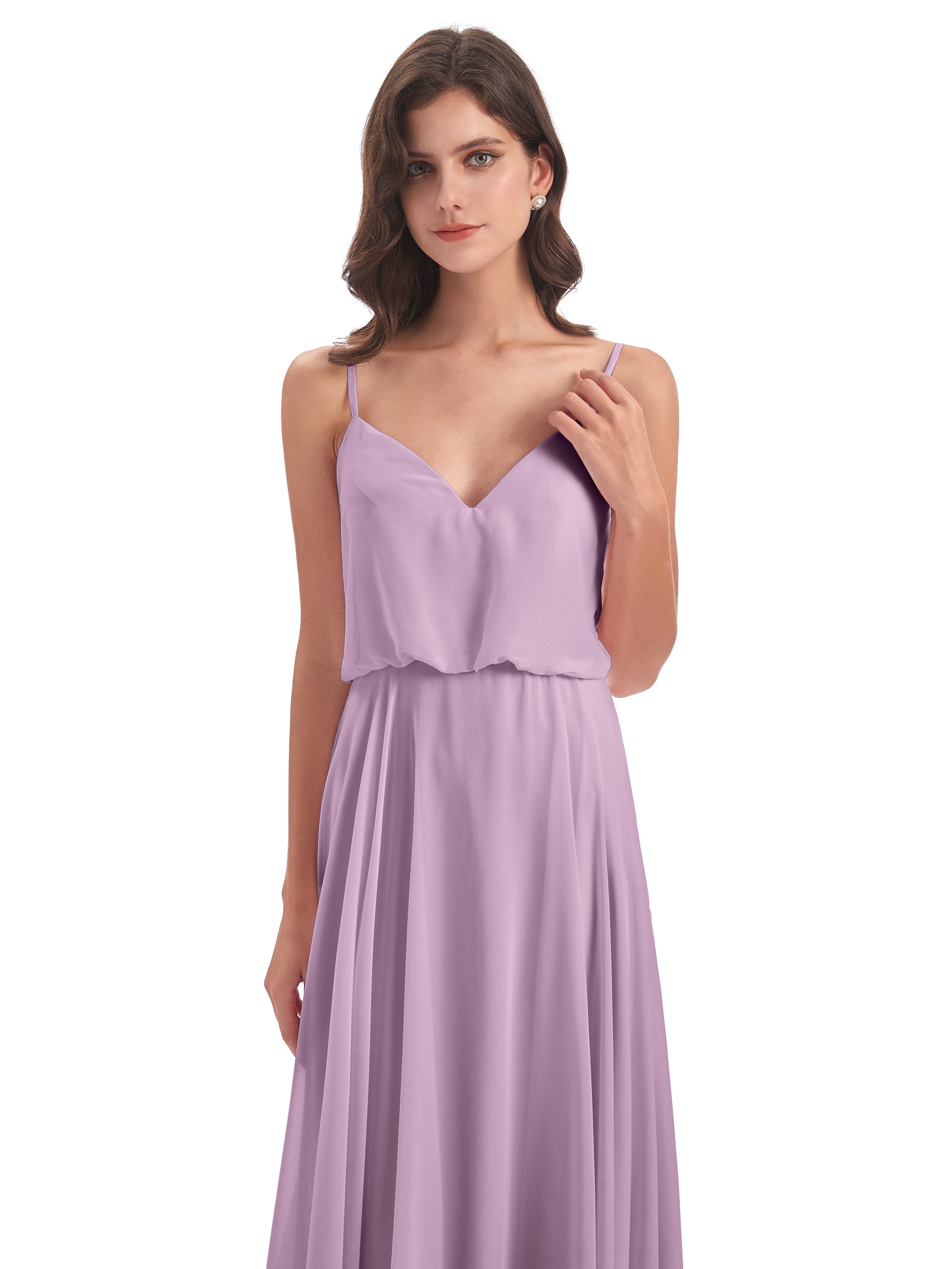 Robes De Demoiselle D'Honneur Glycine Bretelles Spaghetti Mousseline Longue Robes Demoiselle D'Honneur