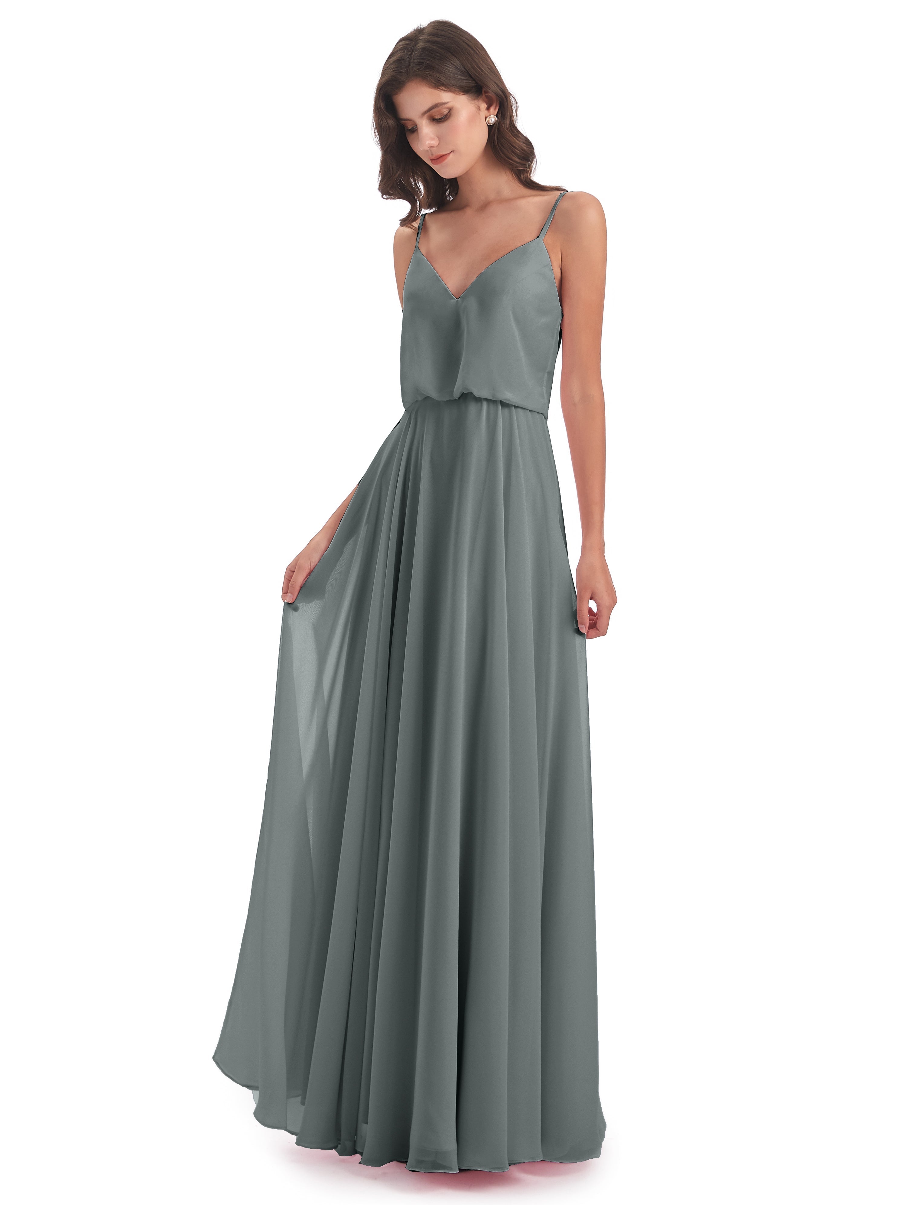 Robe Demoiselle D Honneur Gris Bretelles Spaghetti Mousseline Longue Robes Demoiselle D'Honneur