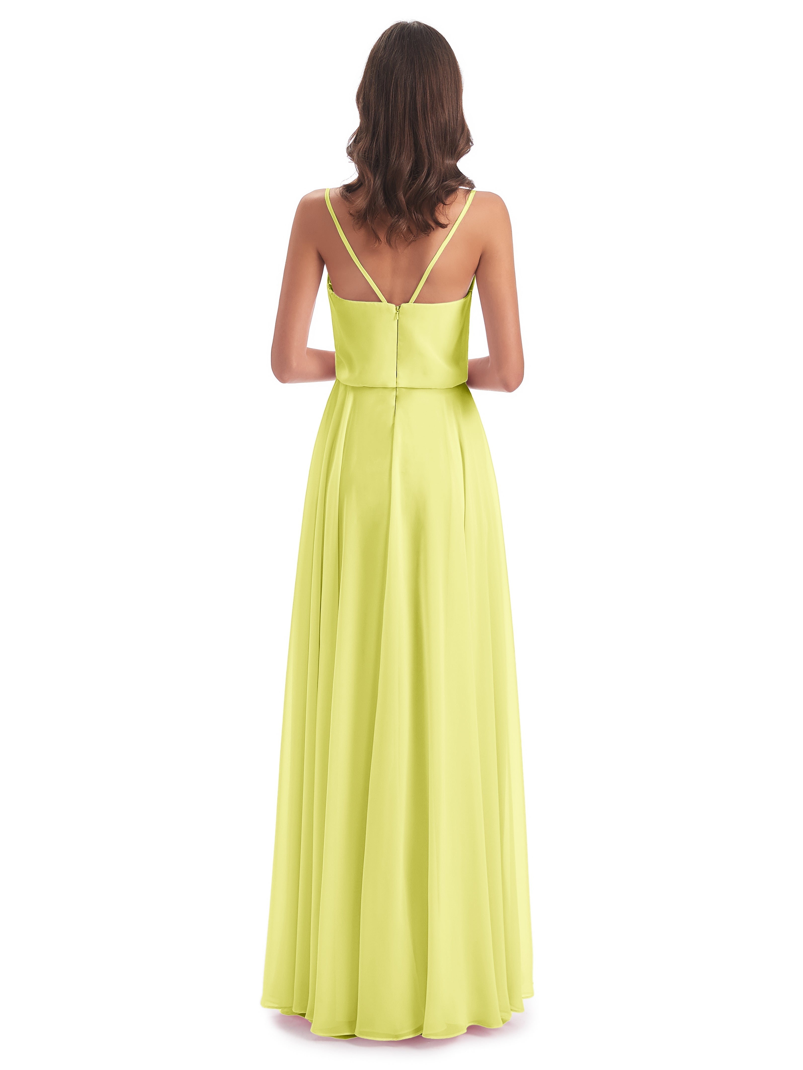 Robes De Demoiselle D'Honneur Jonquille Bretelles Spaghetti Mousseline Longue Robes Demoiselle D'Honneur