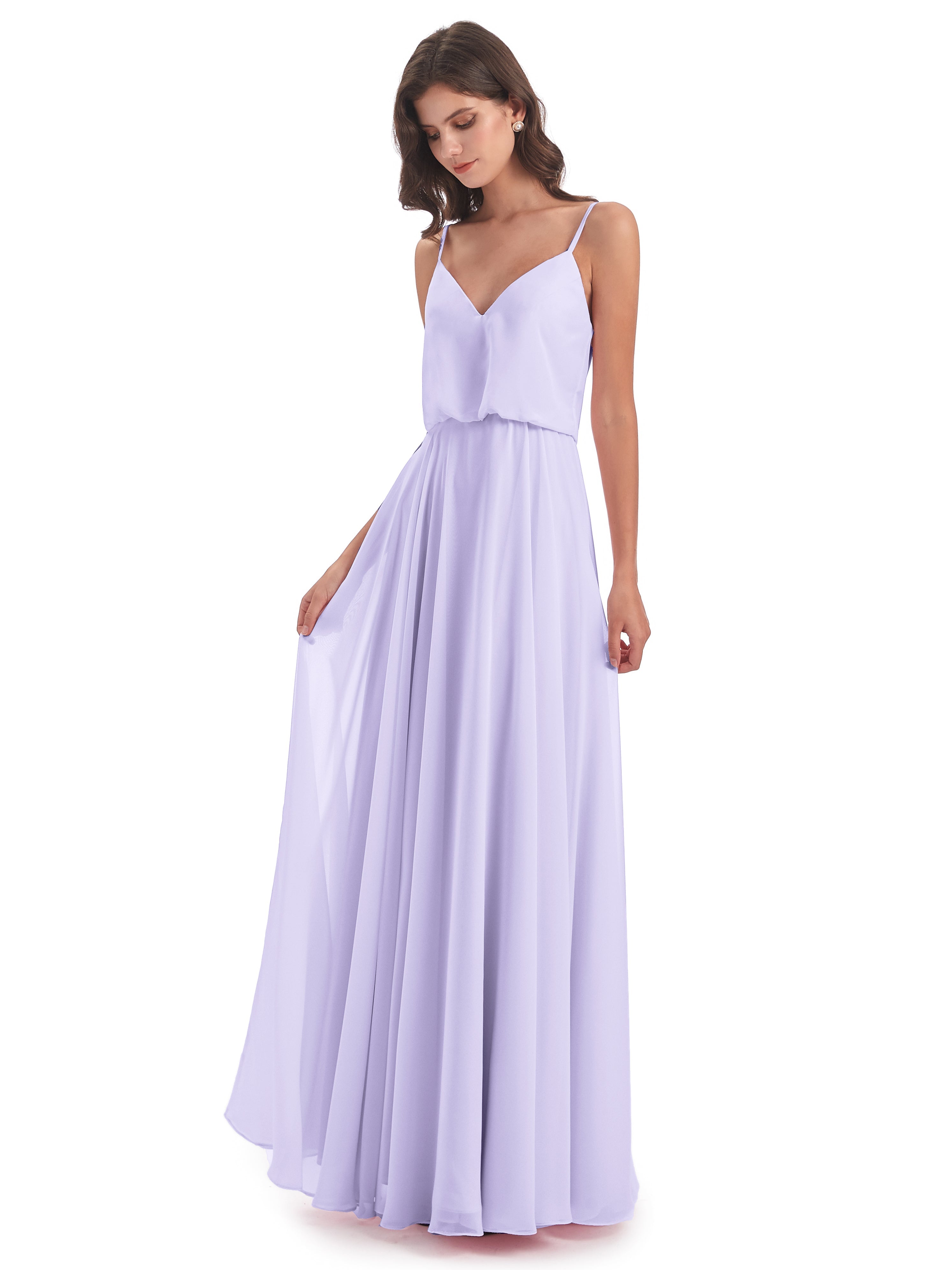 Robe De Demoiselle D Honneur Lilas Bretelles Spaghetti Mousseline Longue Robes Demoiselle D'Honneur