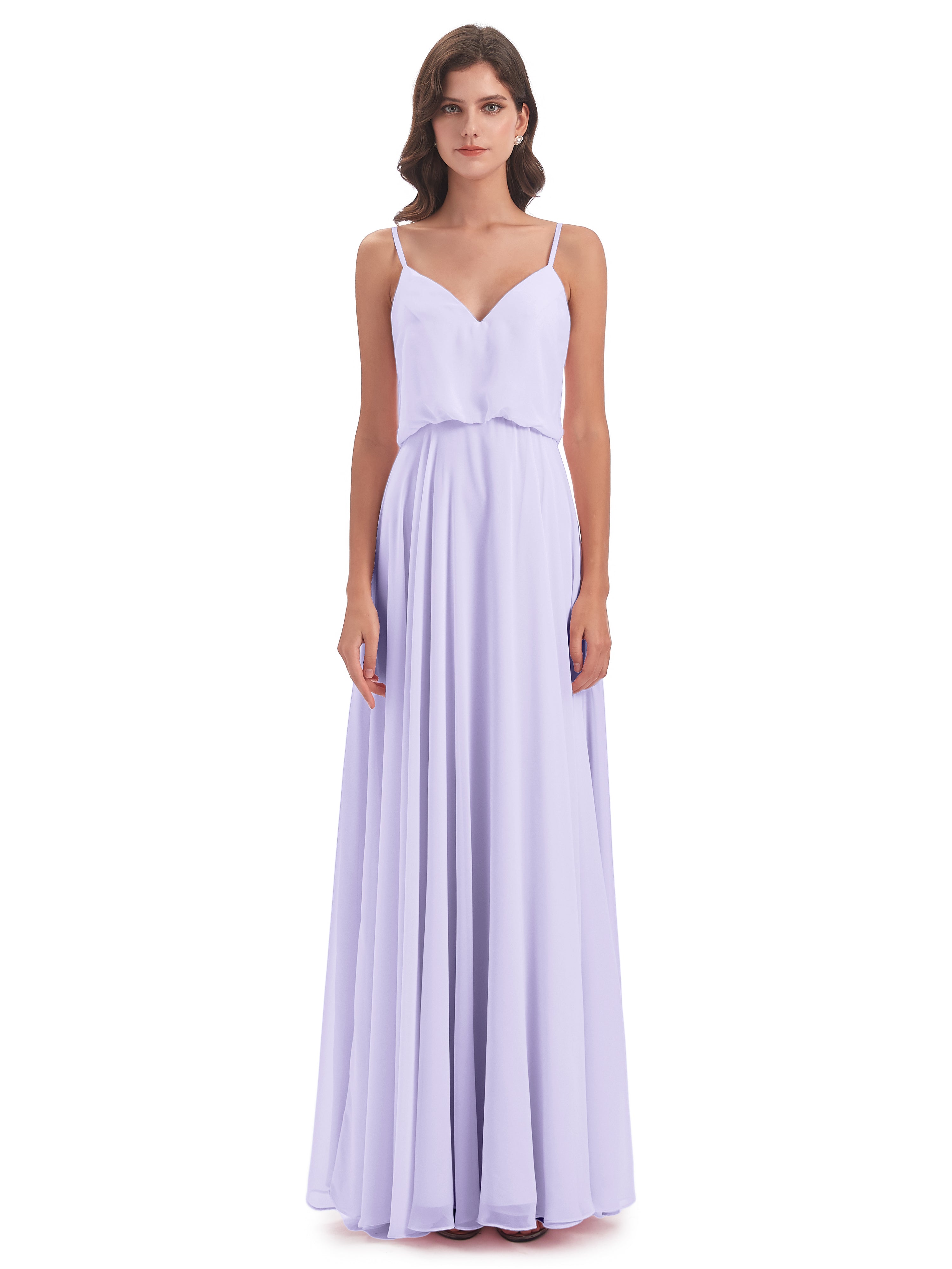 Robe De Demoiselle D Honneur Lilas Bretelles Spaghetti Mousseline Longue Robes Demoiselle D'Honneur
