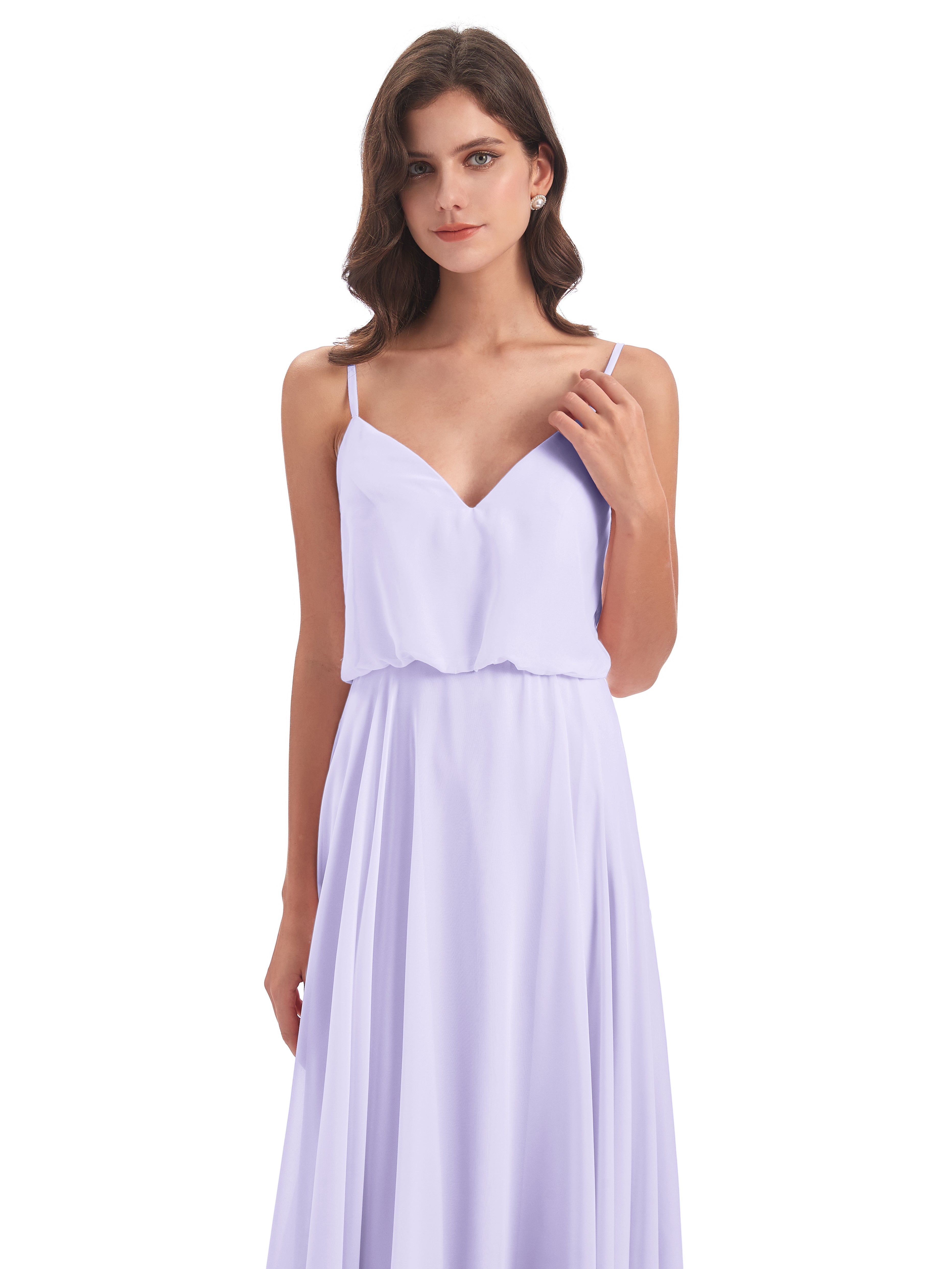 Robe De Demoiselle D Honneur Lilas Bretelles Spaghetti Mousseline Longue Robes Demoiselle D'Honneur