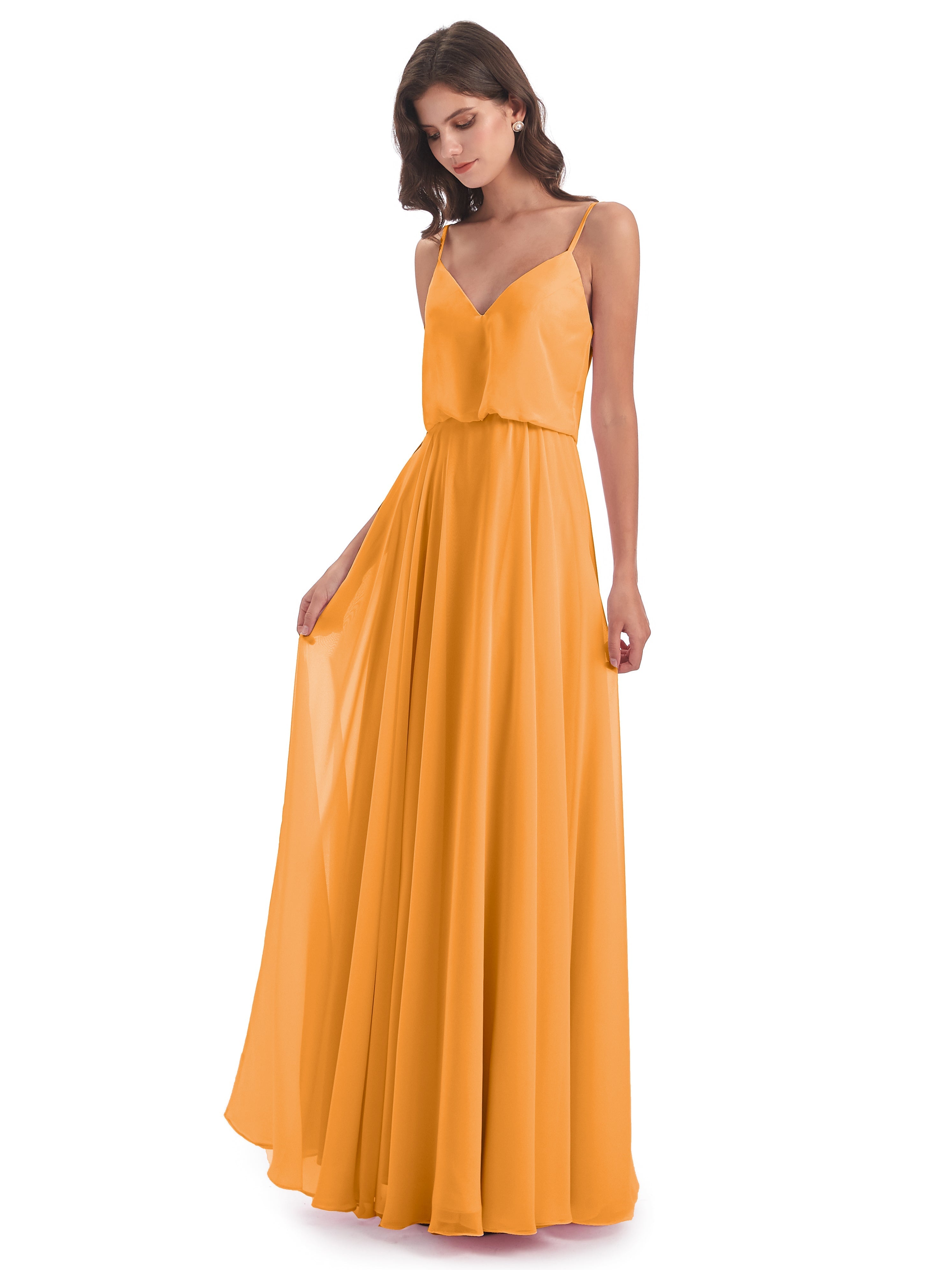 Robes De Demoiselle D'Honneur Mandarine Bretelles Spaghetti Mousseline Longue Robes Demoiselle D'Honneur