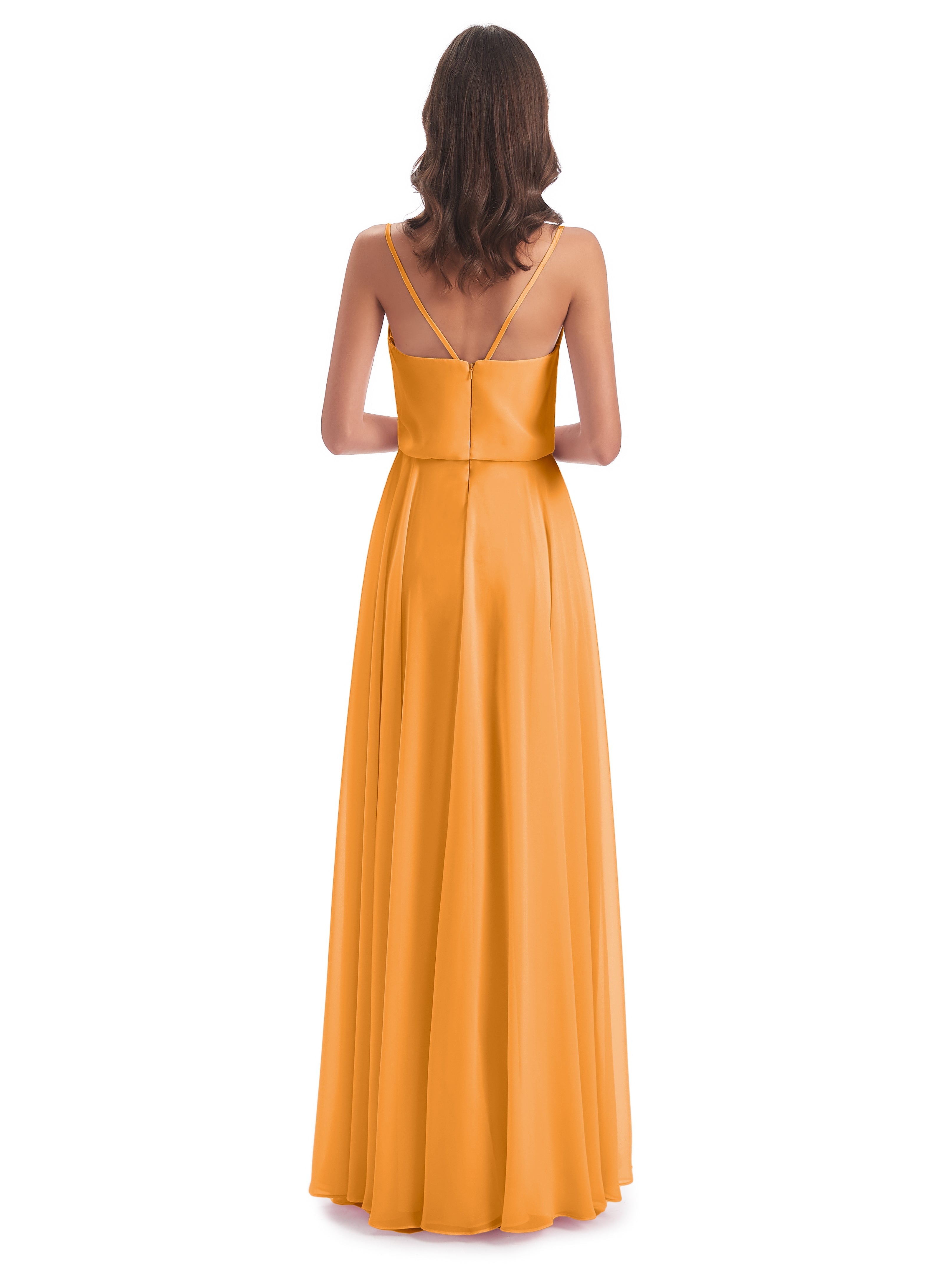 Robes De Demoiselle D'Honneur Mandarine Bretelles Spaghetti Mousseline Longue Robes Demoiselle D'Honneur