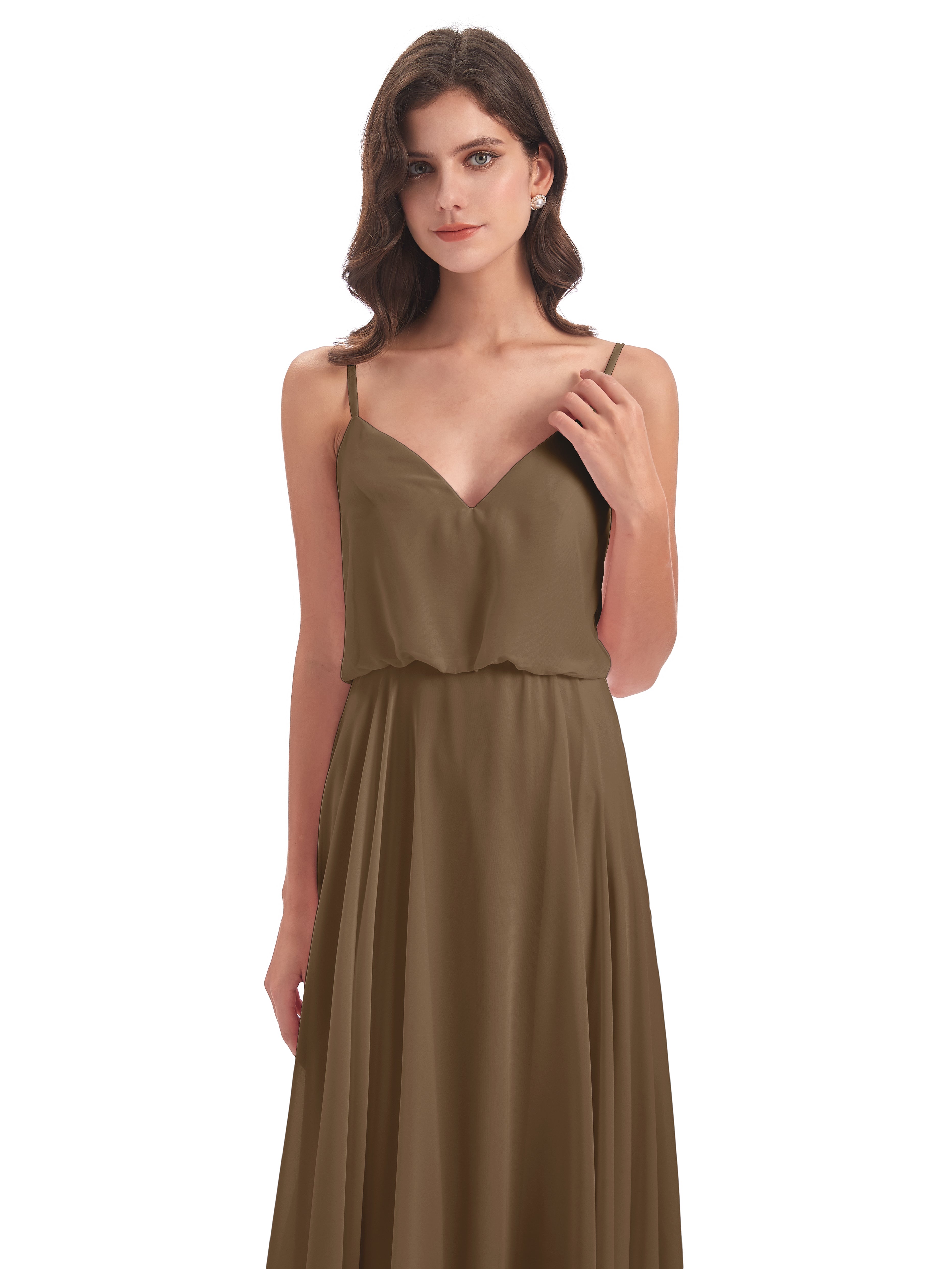 Robe Demoiselle D Honneur Moka Bretelles Spaghetti Mousseline Longue Robes Demoiselle D'Honneur