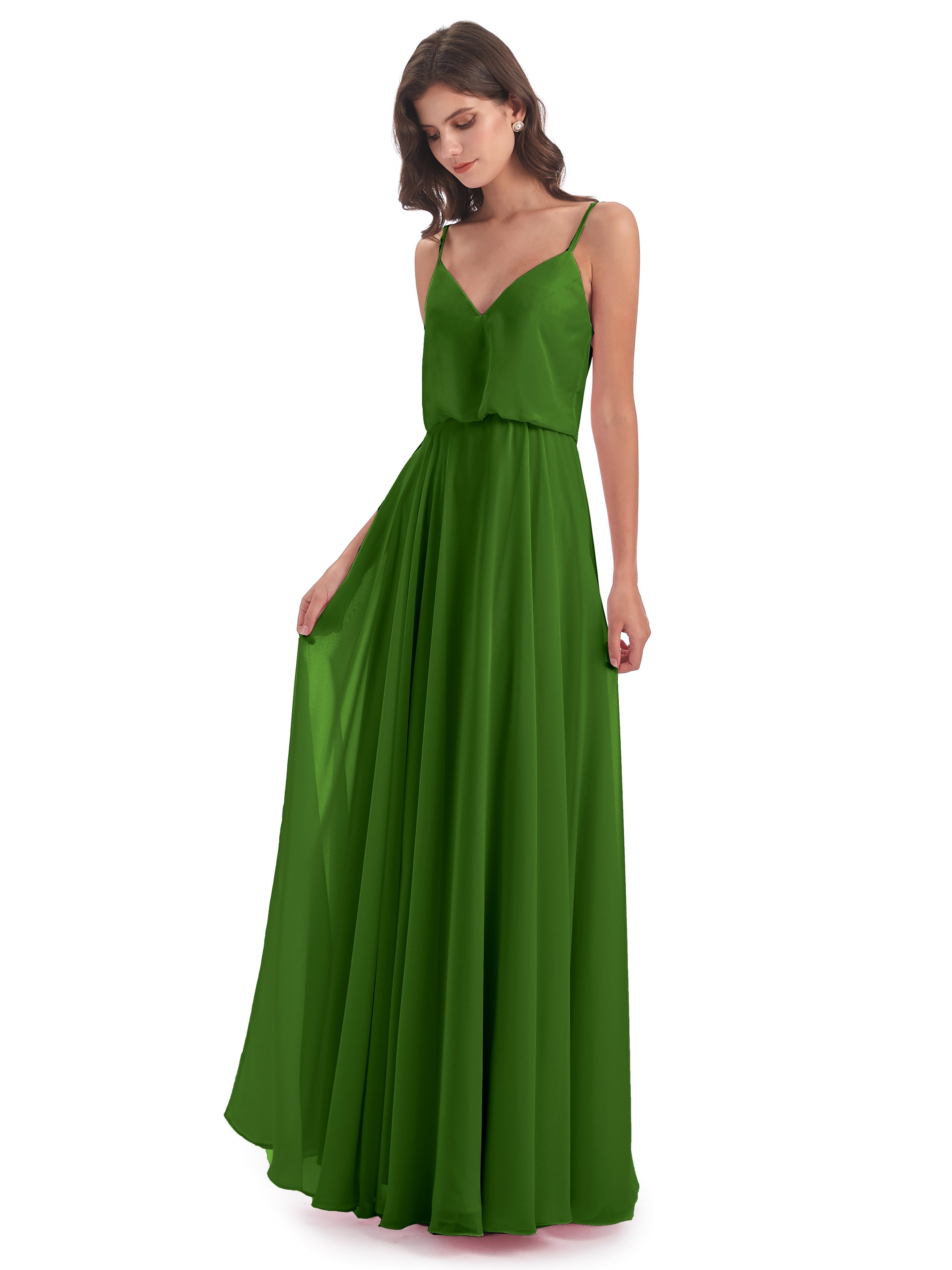 Robes De Demoiselle D'Honneur Vert Mousse Bretelles Spaghetti Mousseline Longue Robes Demoiselle D'Honneur