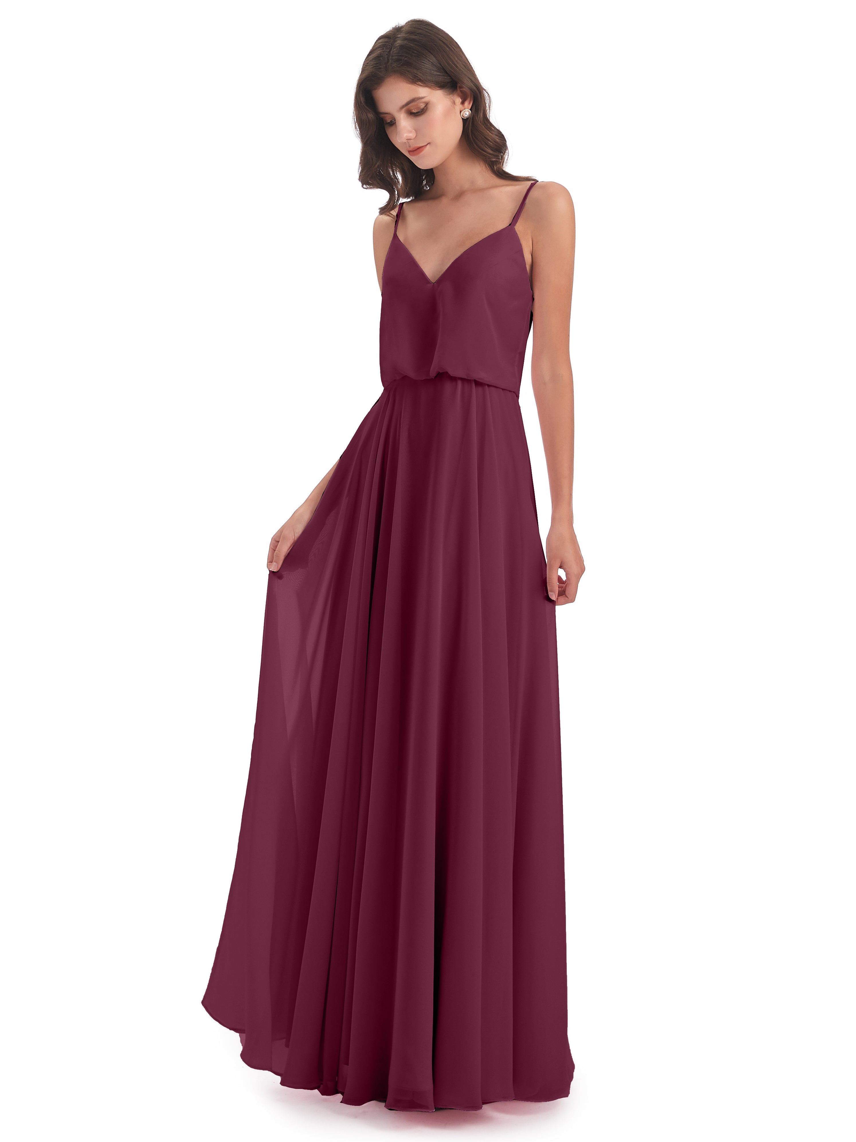 Robes De Demoiselle D'Honneur Mure Bretelles Spaghetti Mousseline Longue Robes Demoiselle D'Honneur
