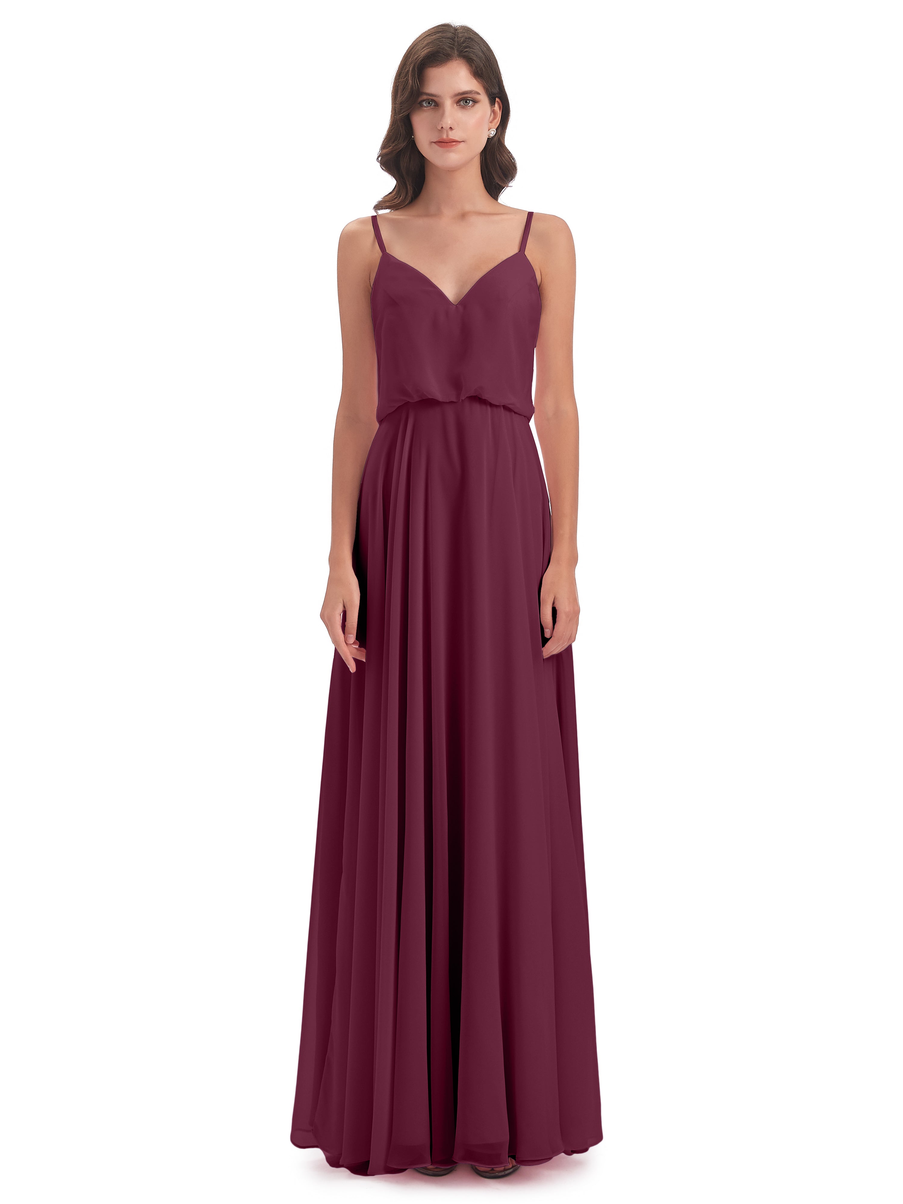 Robes De Demoiselle D'Honneur Mure Bretelles Spaghetti Mousseline Longue Robes Demoiselle D'Honneur