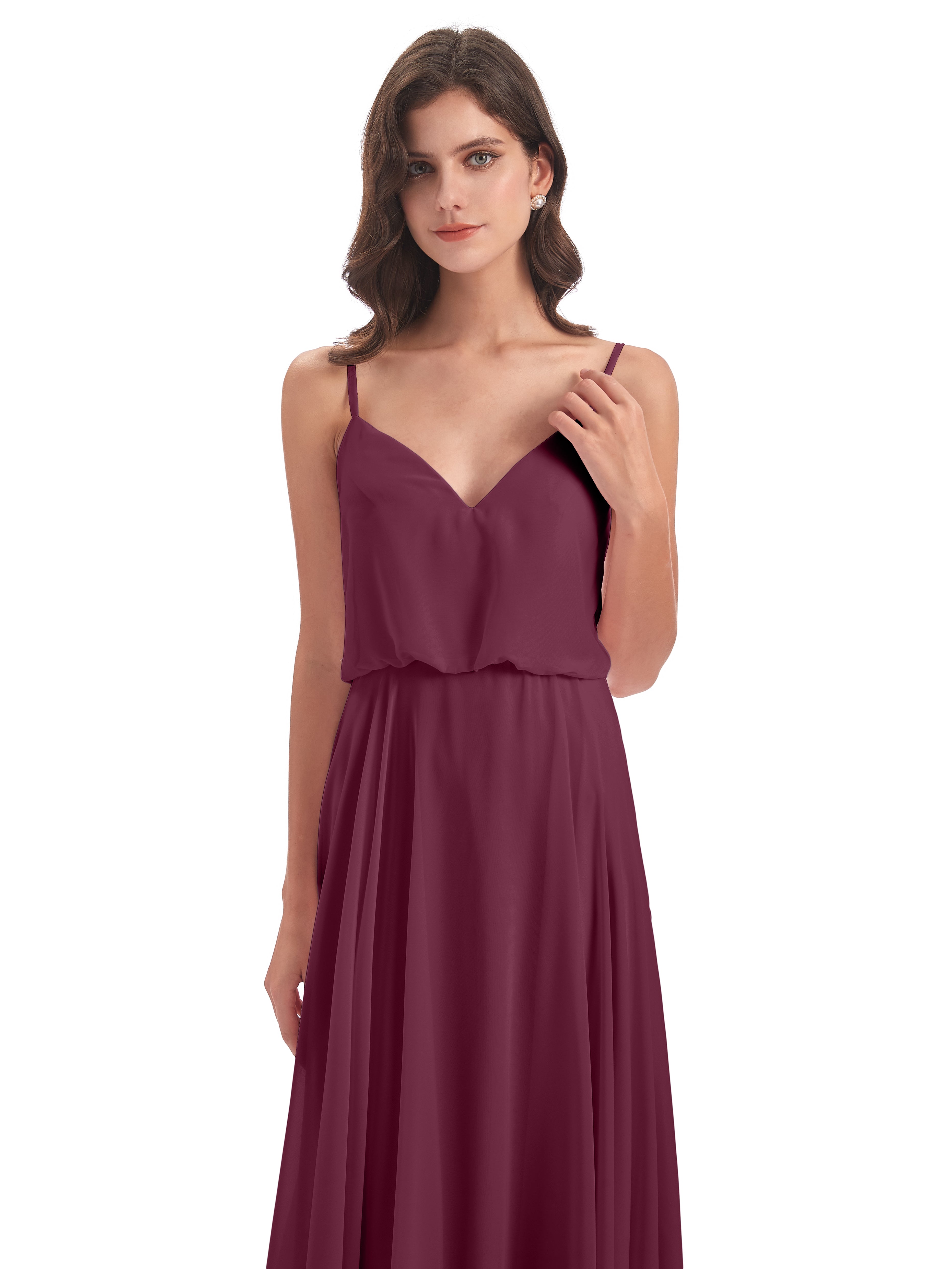 Robes De Demoiselle D'Honneur Mure Bretelles Spaghetti Mousseline Longue Robes Demoiselle D'Honneur