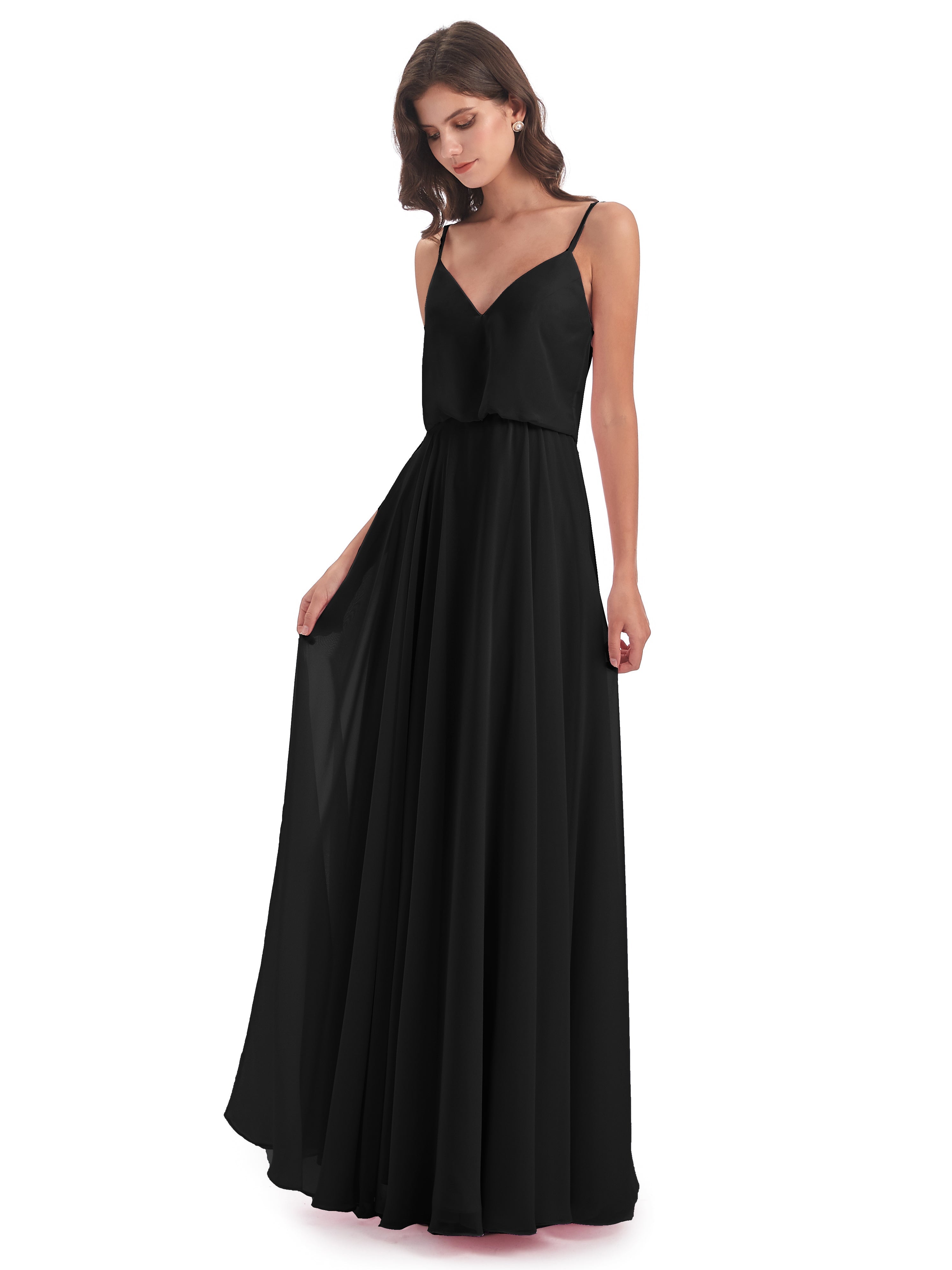 Robes De Demoiselle D'Honneur Noires Bretelles Spaghetti Mousseline Longue Robes Demoiselle D'Honneur