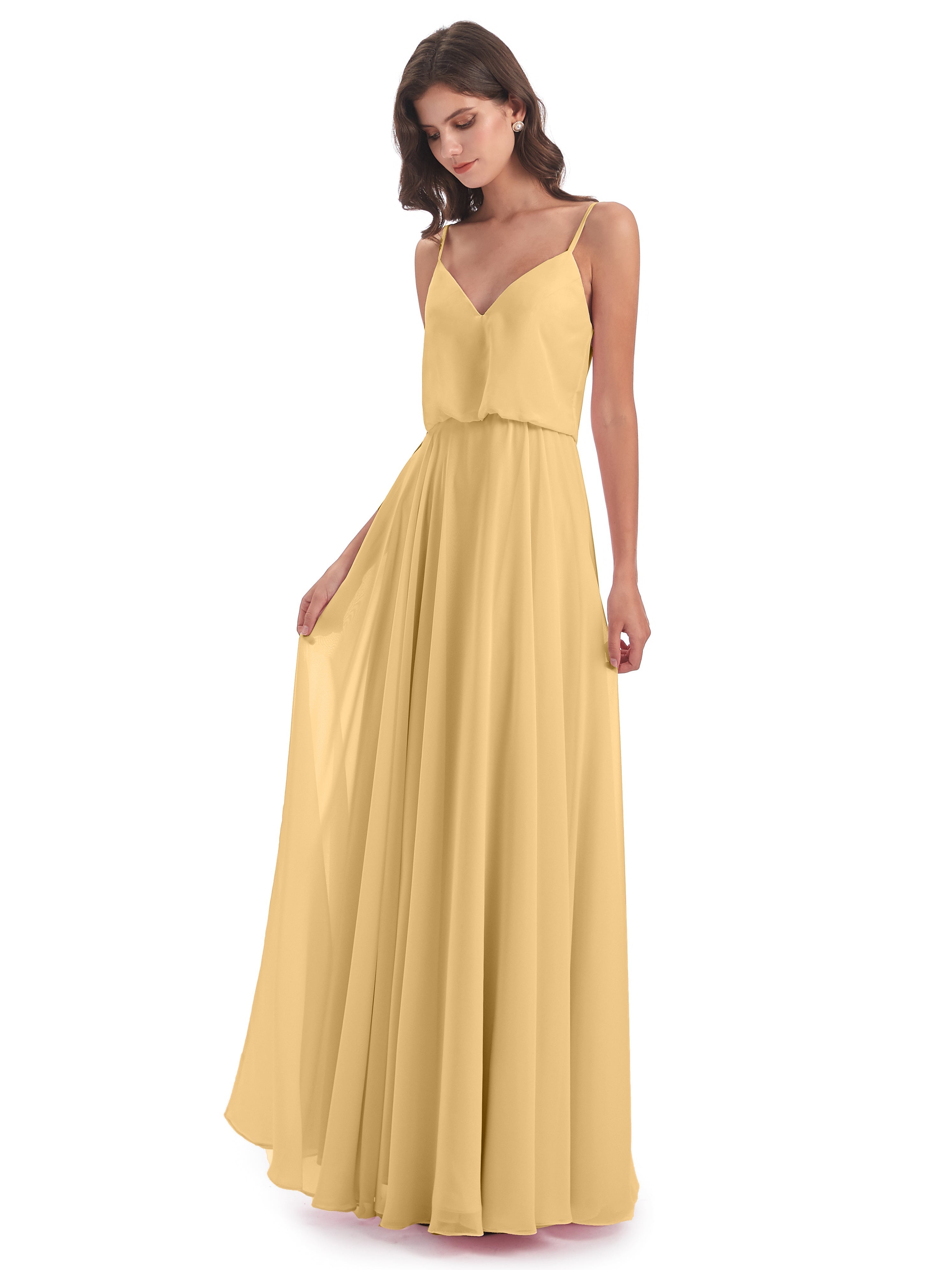 Robe Demoiselle D Honneur Dorée Bretelles Spaghetti Mousseline Longue Robes Demoiselle D'Honneur