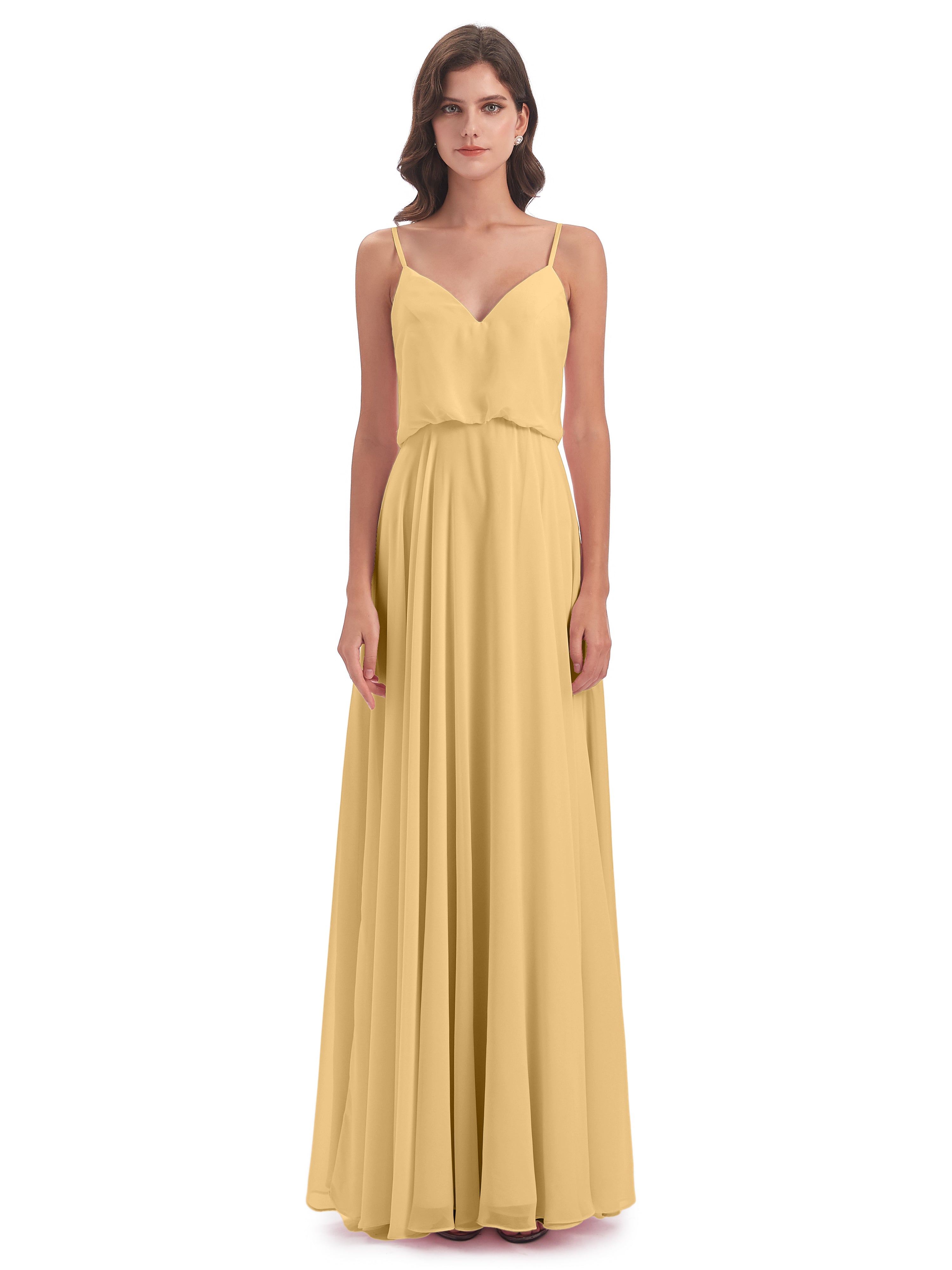 Robe Demoiselle D Honneur Dorée Bretelles Spaghetti Mousseline Longue Robes Demoiselle D'Honneur