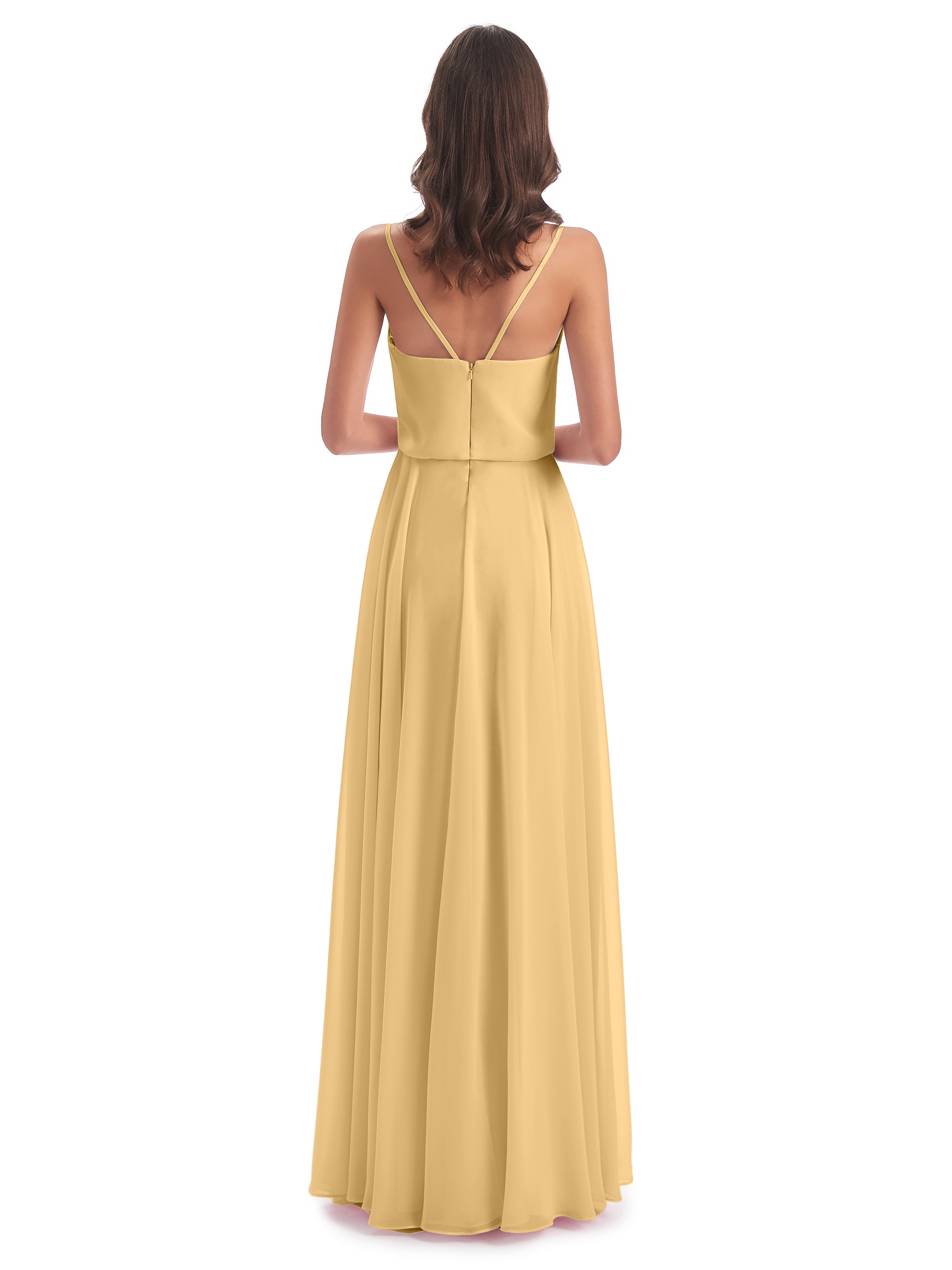 Robe Demoiselle D Honneur Dorée Bretelles Spaghetti Mousseline Longue Robes Demoiselle D'Honneur