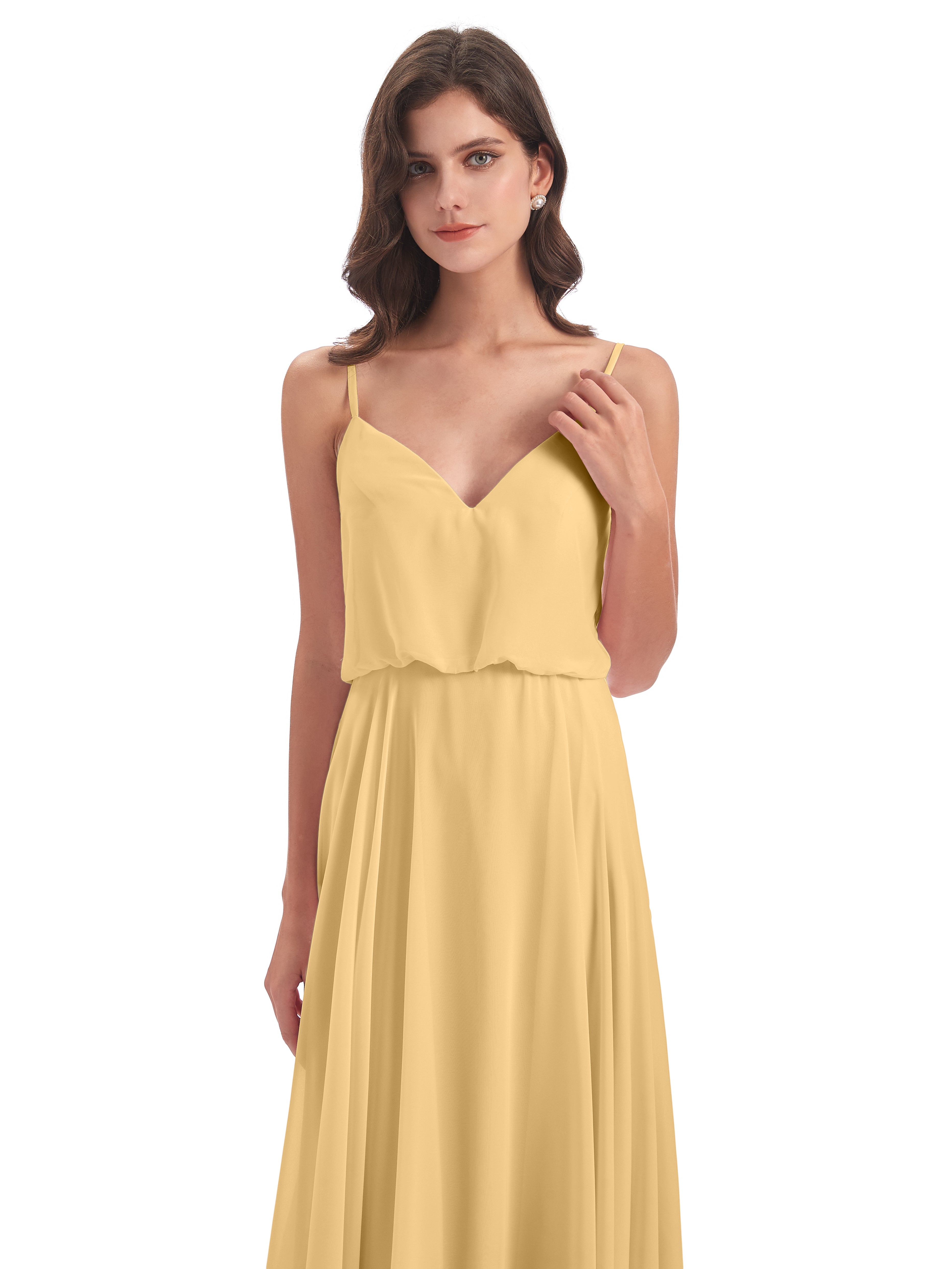 Robe Demoiselle D Honneur Dorée Bretelles Spaghetti Mousseline Longue Robes Demoiselle D'Honneur