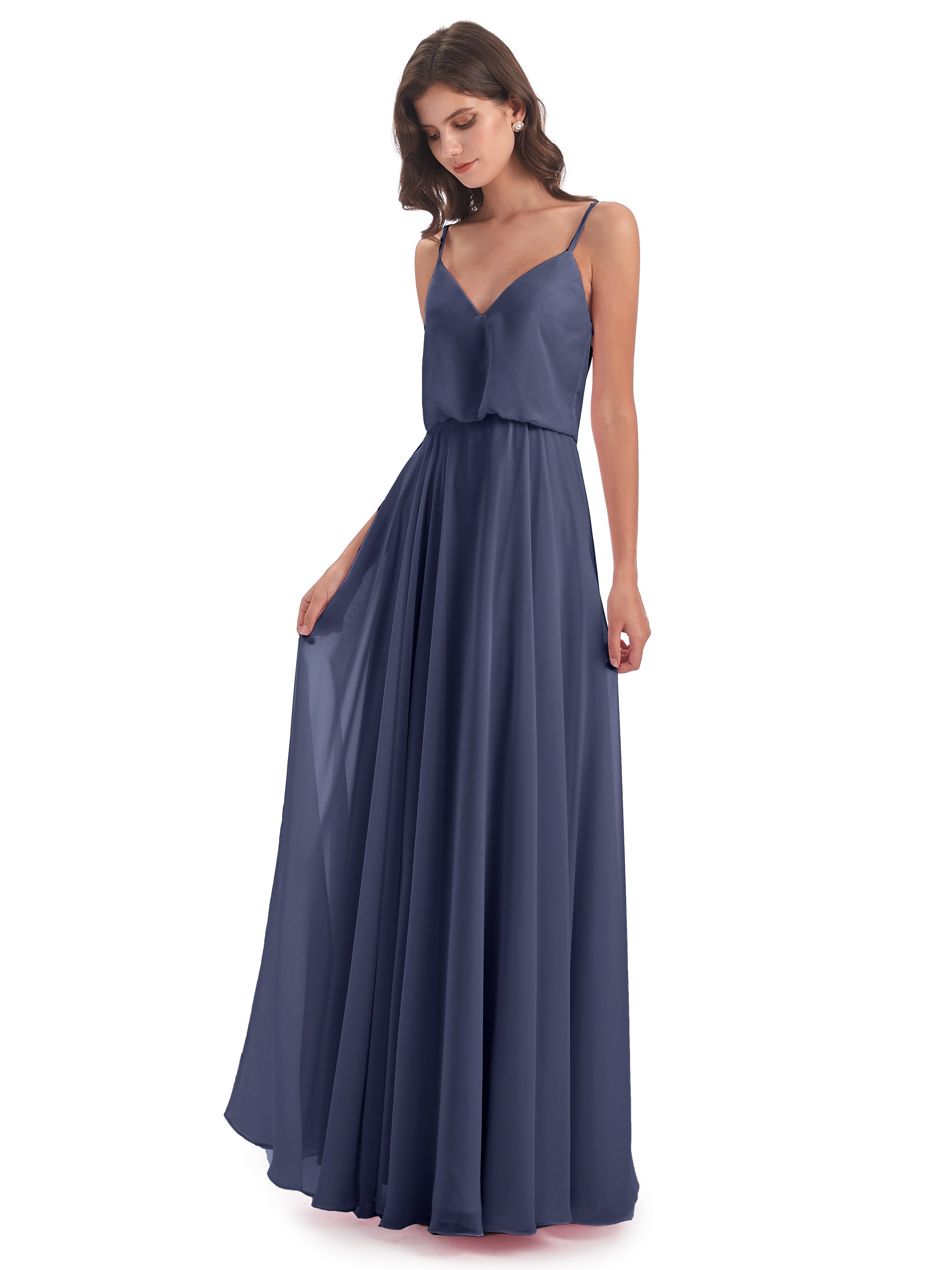 Robes De Demoiselle D'Honneur Bleu Orageux Bretelles Spaghetti Mousseline Longue Robes Demoiselle D'Honneur