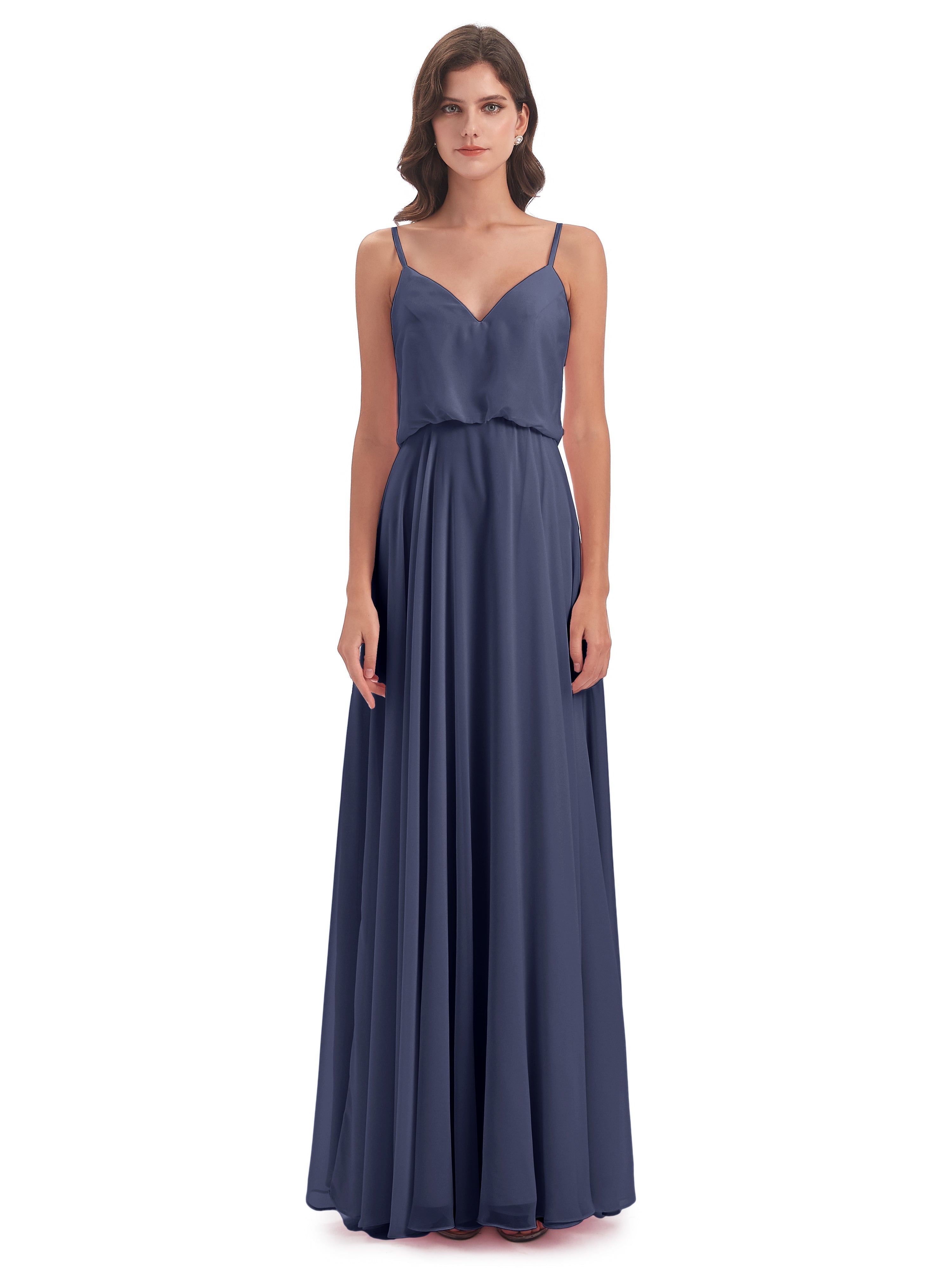Robes De Demoiselle D'Honneur Bleu Orageux Bretelles Spaghetti Mousseline Longue Robes Demoiselle D'Honneur