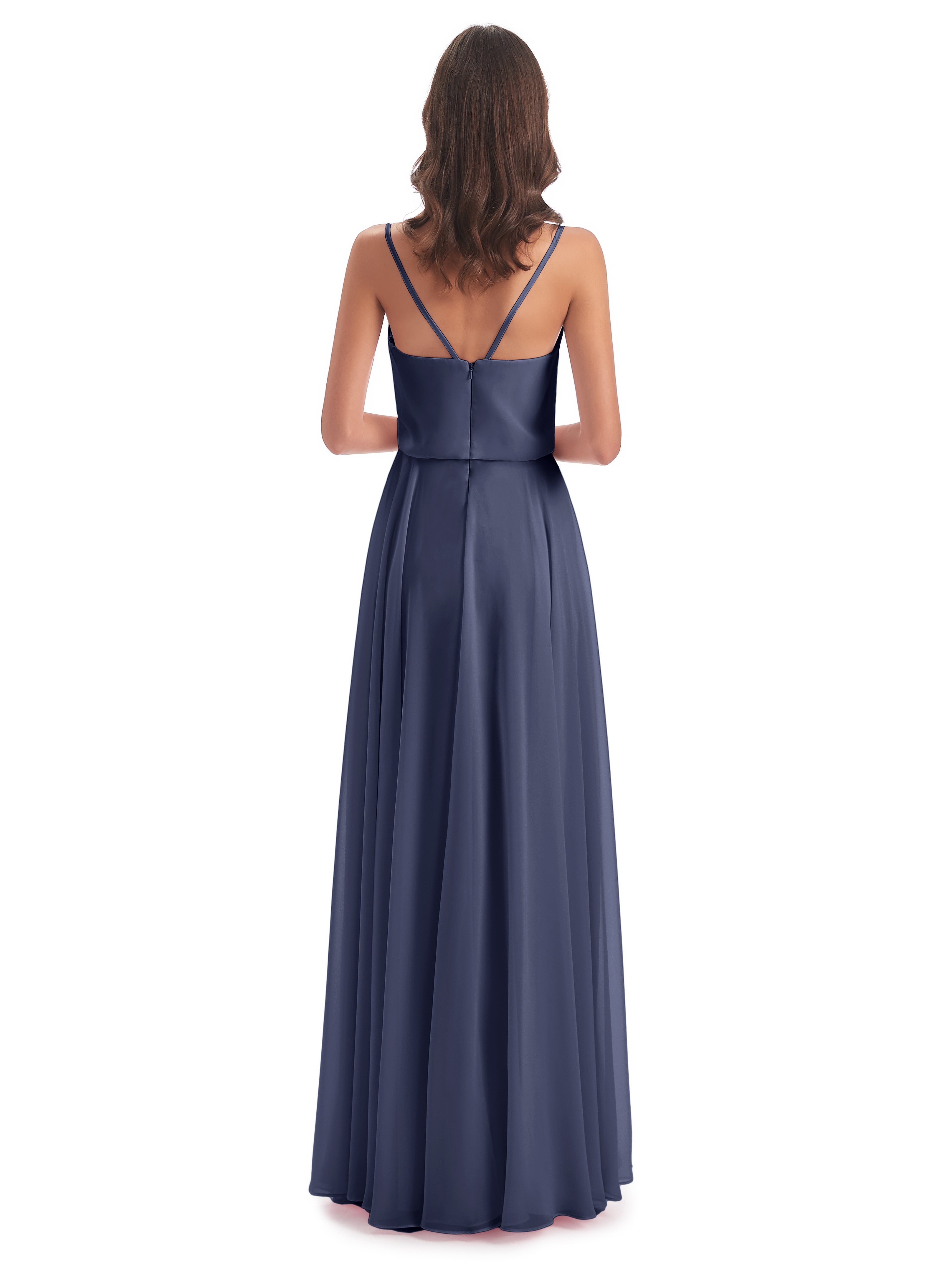 Robes De Demoiselle D'Honneur Bleu Orageux Bretelles Spaghetti Mousseline Longue Robes Demoiselle D'Honneur