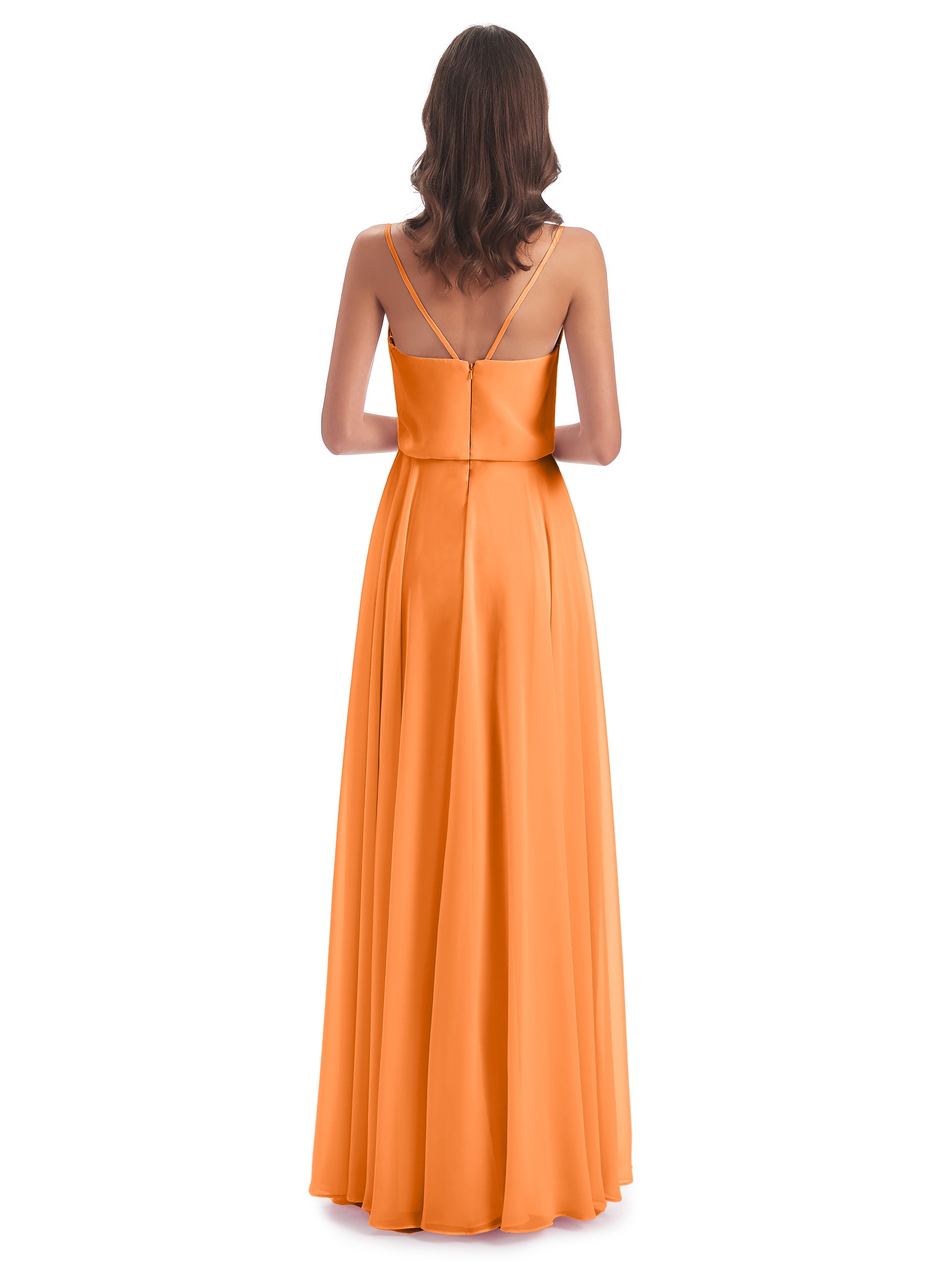 Robe De Demoiselle D Honneur Orange Bretelles Spaghetti Mousseline Longue Robes Demoiselle D'Honneur