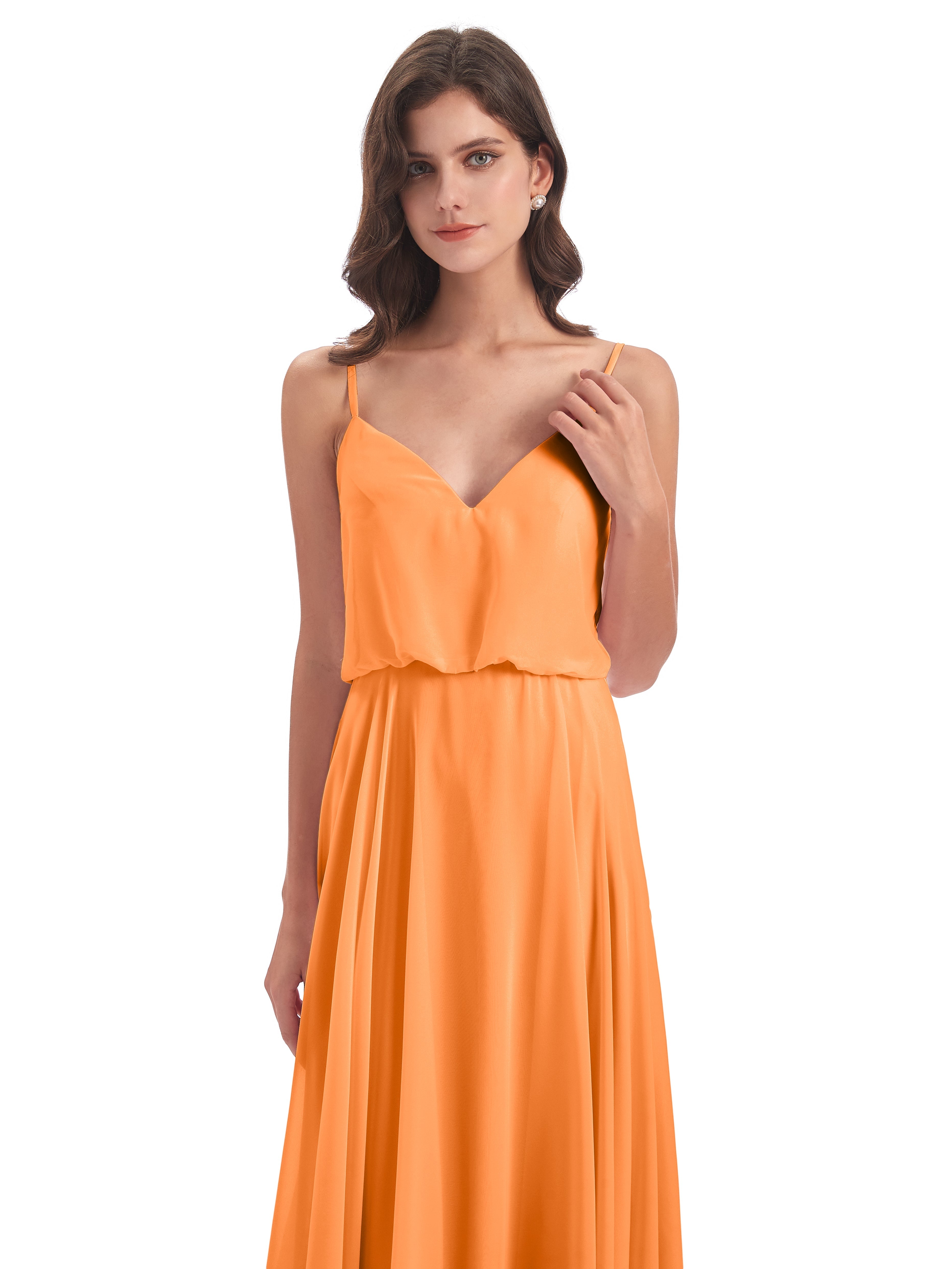 Robe De Demoiselle D Honneur Orange Bretelles Spaghetti Mousseline Longue Robes Demoiselle D'Honneur