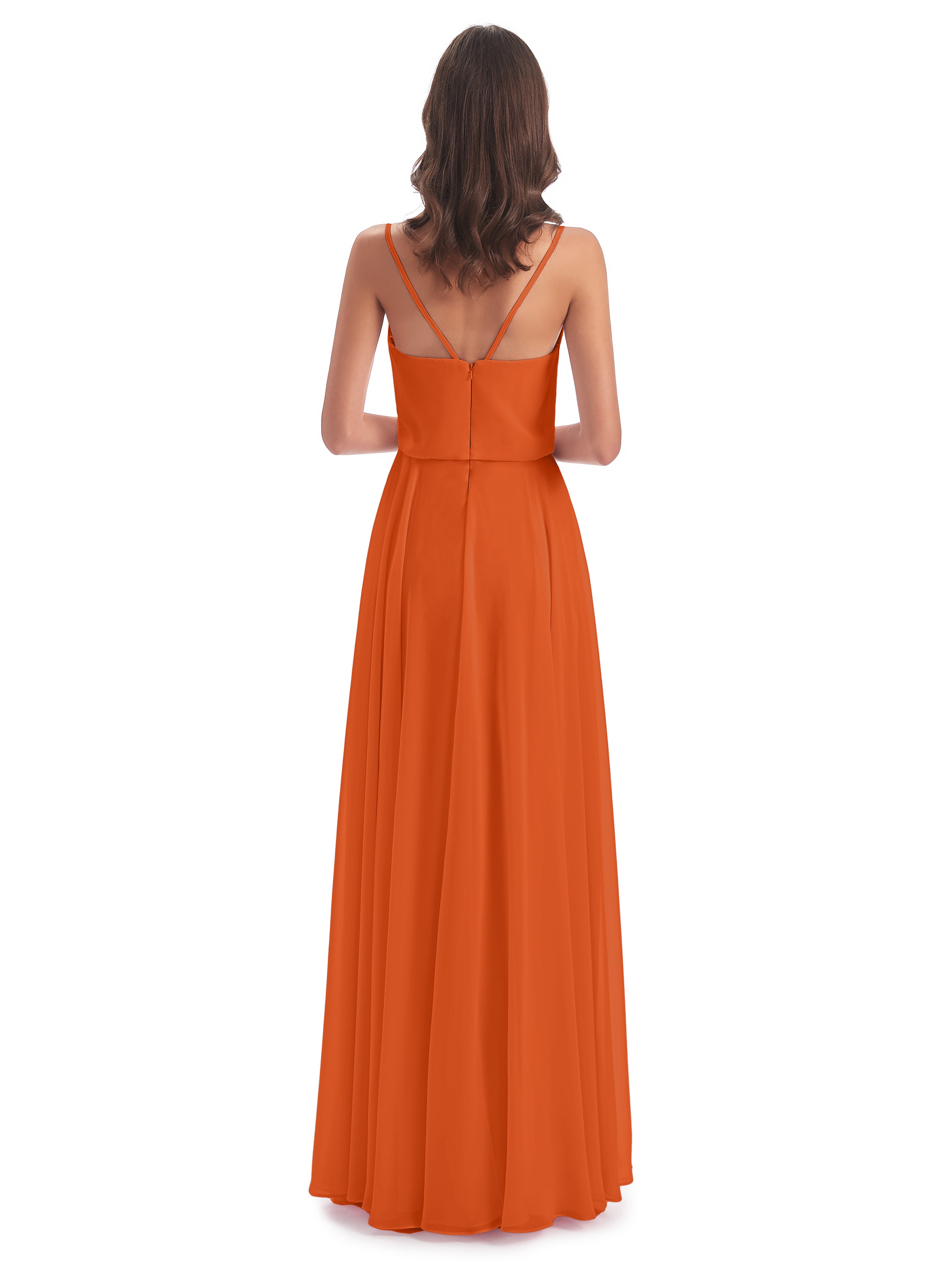Robes De Demoiselle D'Honneur Orange Foncé Bretelles Spaghetti Mousseline Longue Robes Demoiselle D'Honneur