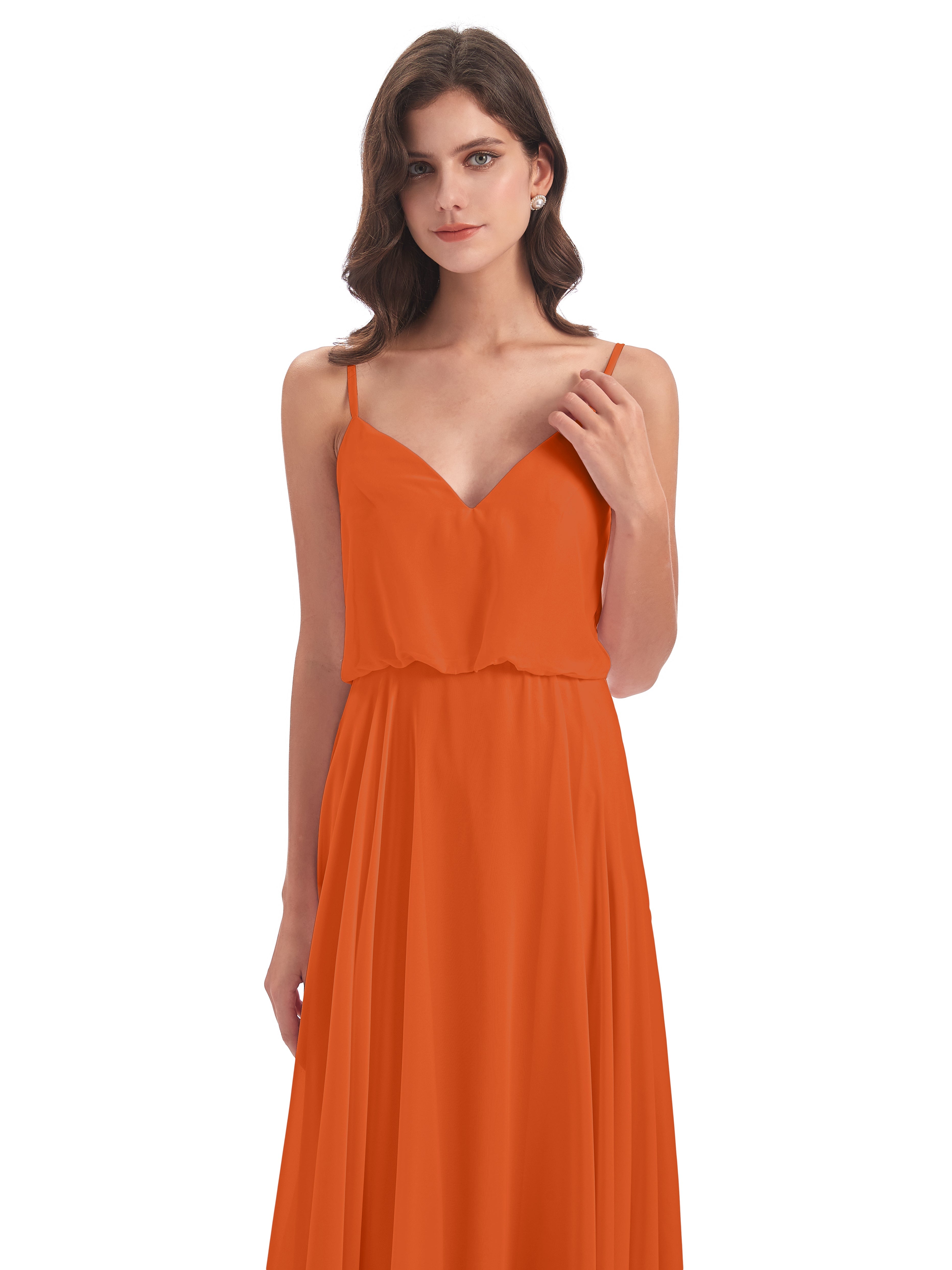 Robes De Demoiselle D'Honneur Orange Foncé Bretelles Spaghetti Mousseline Longue Robes Demoiselle D'Honneur
