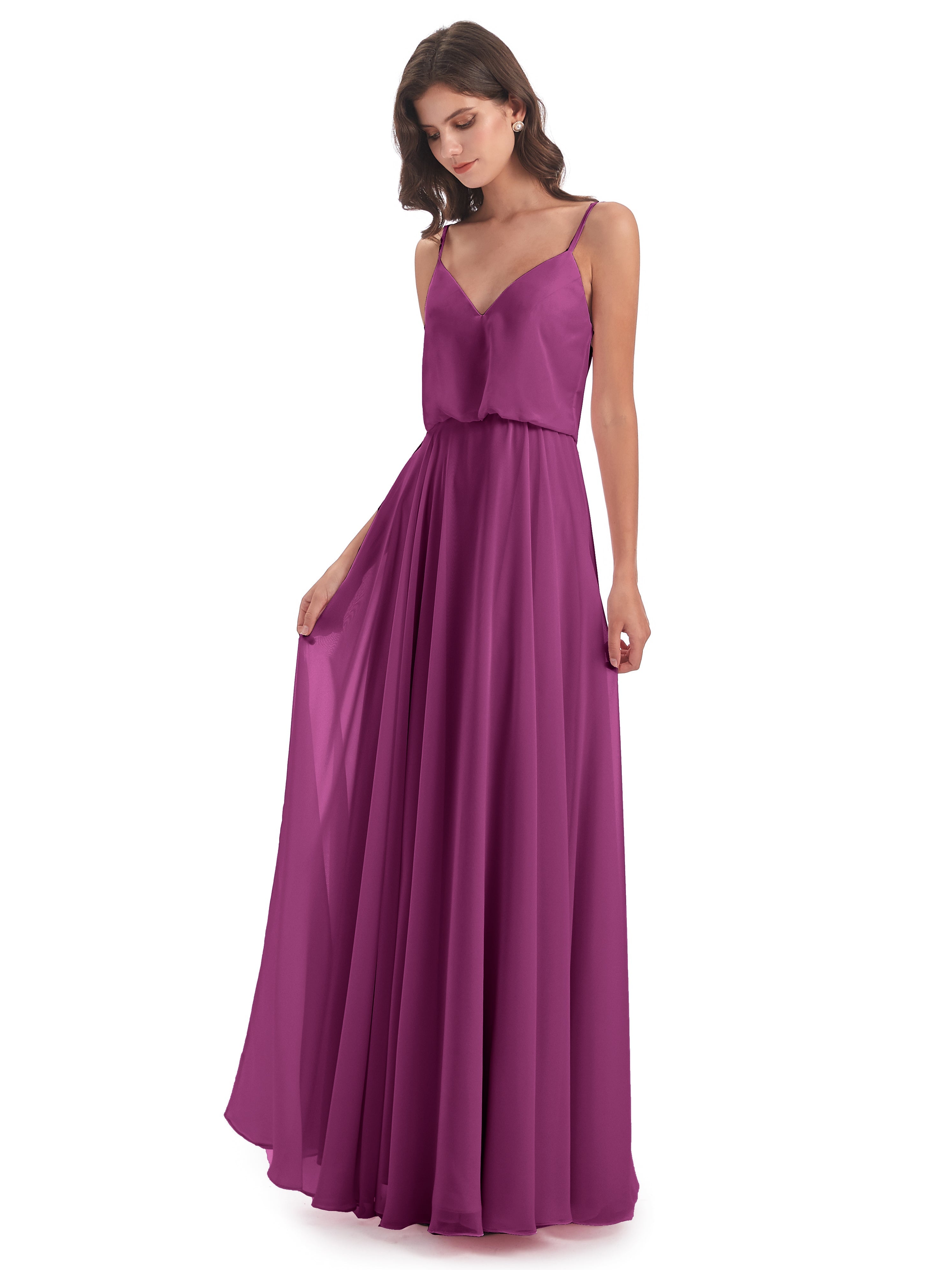 Robes De Demoiselle D'Honneur Orchidée Bretelles Spaghetti Mousseline Longue Robes Demoiselle D'Honneur