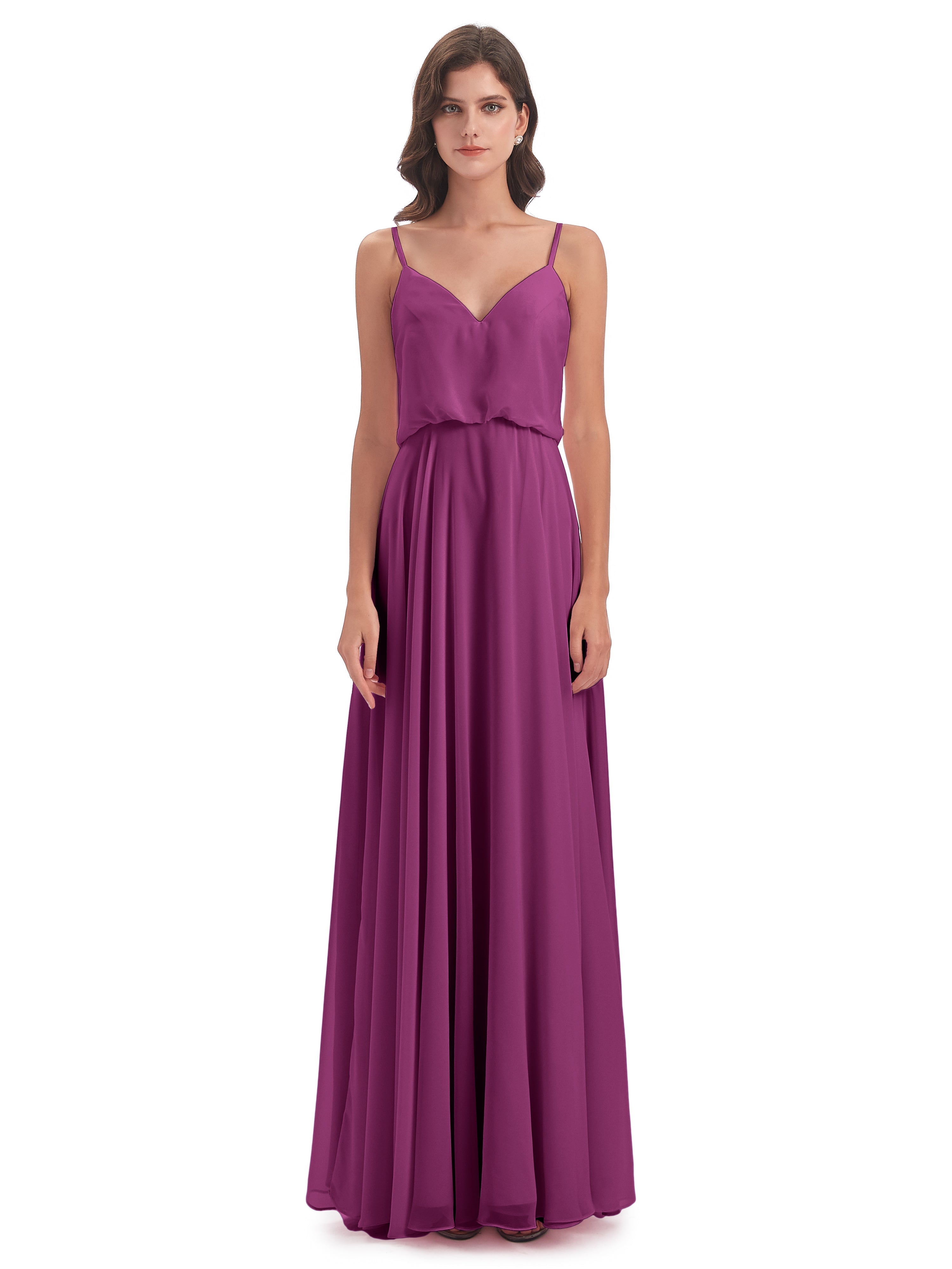 Robes De Demoiselle D'Honneur Orchidée Bretelles Spaghetti Mousseline Longue Robes Demoiselle D'Honneur