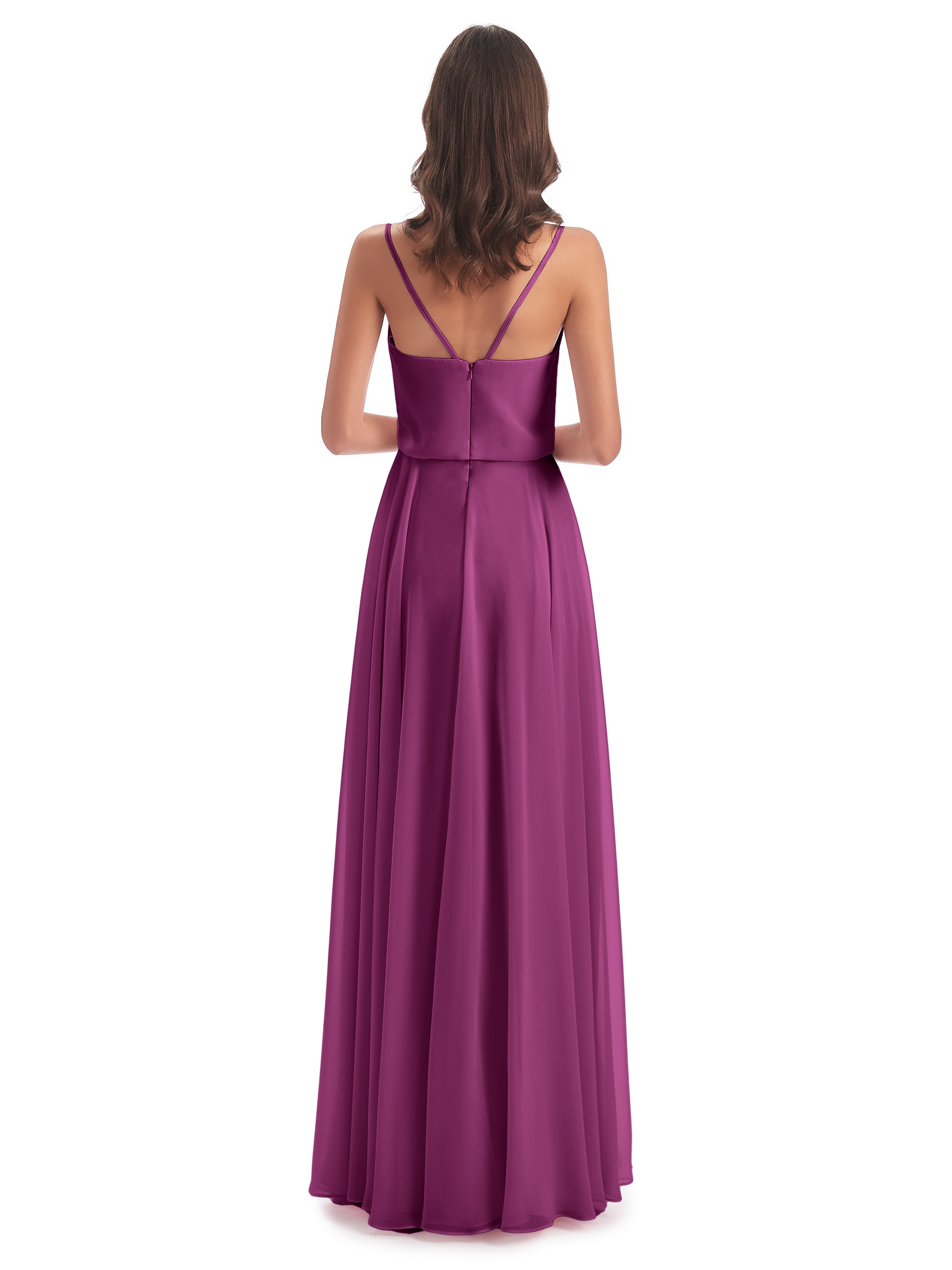 Robes De Demoiselle D'Honneur Orchidée Bretelles Spaghetti Mousseline Longue Robes Demoiselle D'Honneur