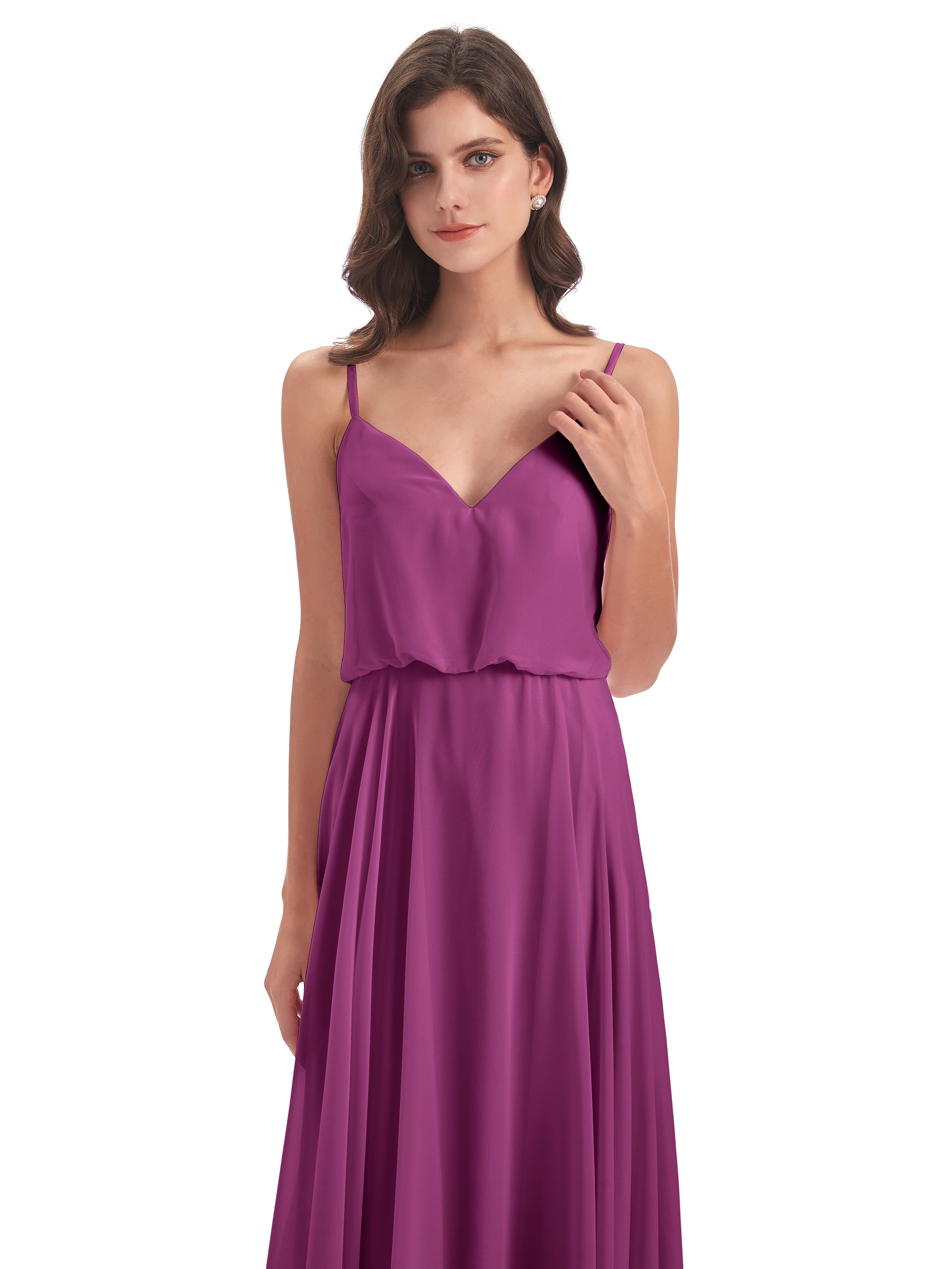 Robes De Demoiselle D'Honneur Orchidée Bretelles Spaghetti Mousseline Longue Robes Demoiselle D'Honneur