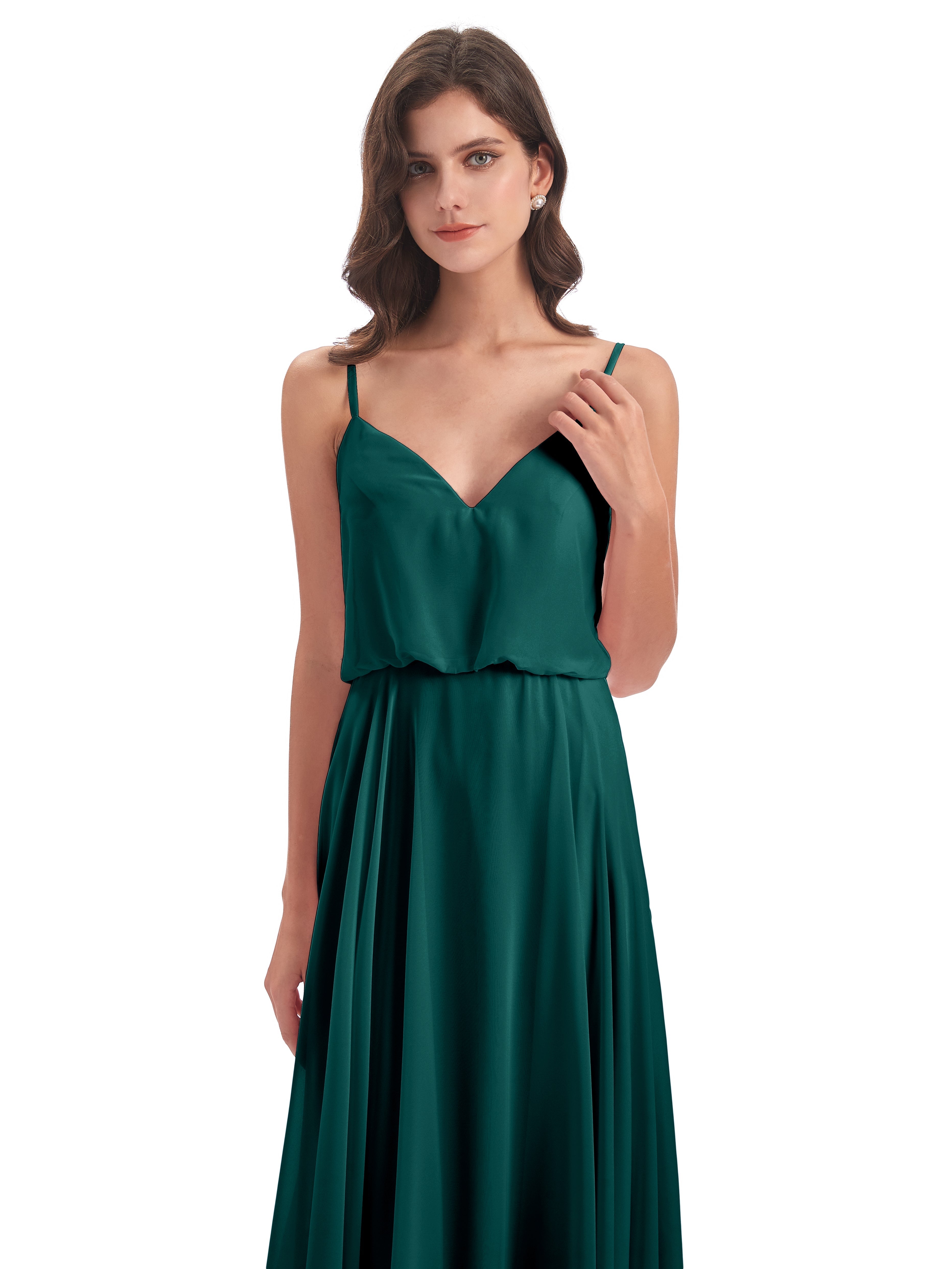 Robe De Demoiselle D'Honneur De Paon Au Sol Bretelles Spaghetti Mousseline Longue Robes Demoiselle D'Honneur