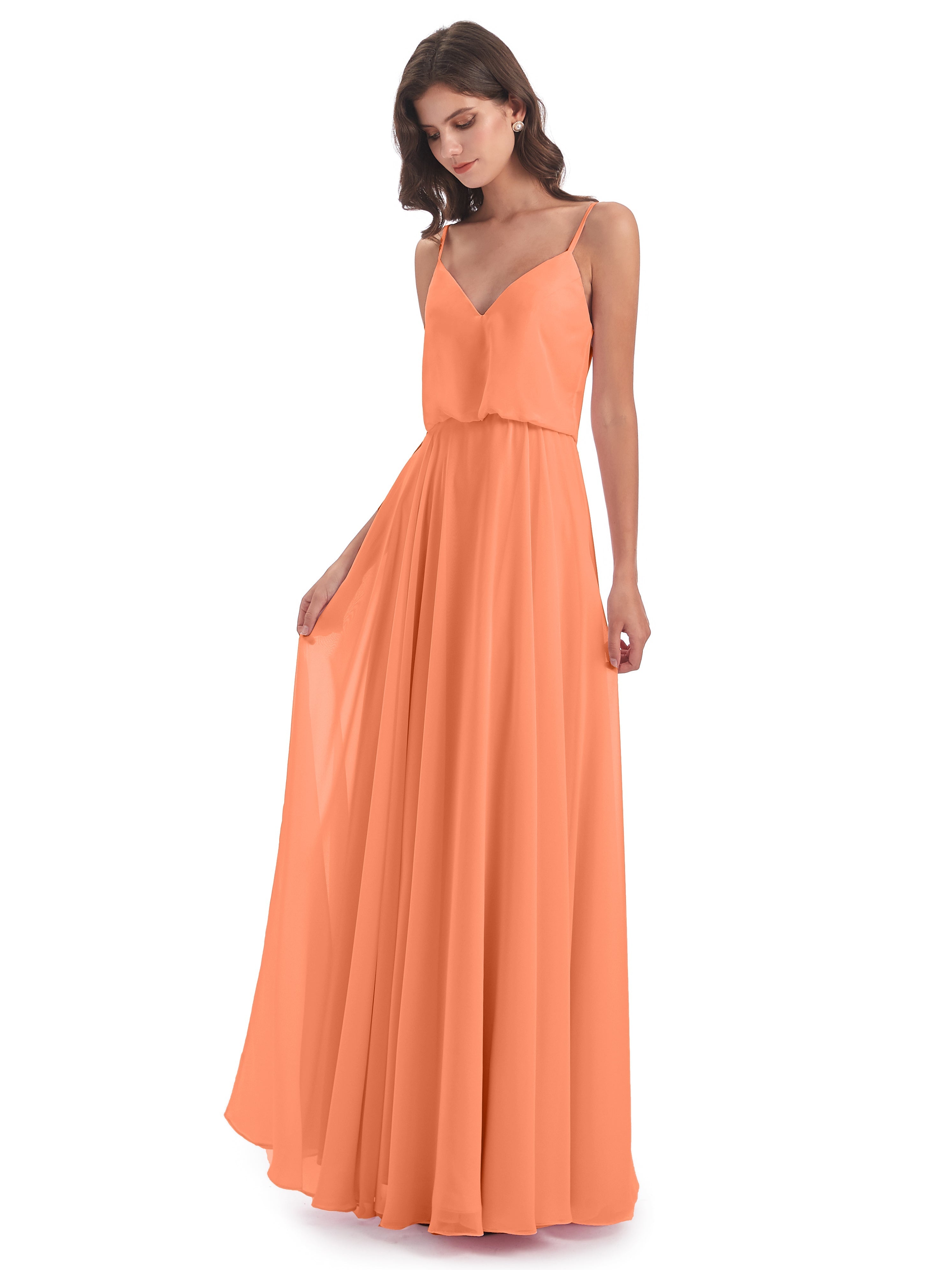 Robes De Demoiselle D'Honneur Papaye Bretelles Spaghetti Mousseline Longue Robes Demoiselle D'Honneur